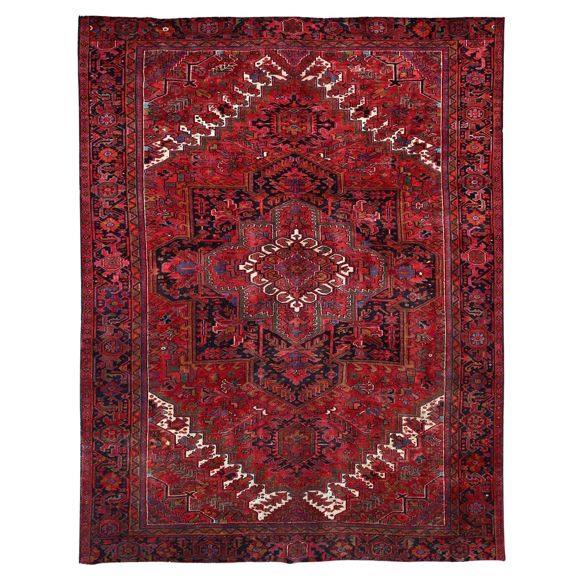 Heritage Red Vintage Persian Heriz Vivid Colors Pure Wool Hand Knotted Clean Rug For Sale
