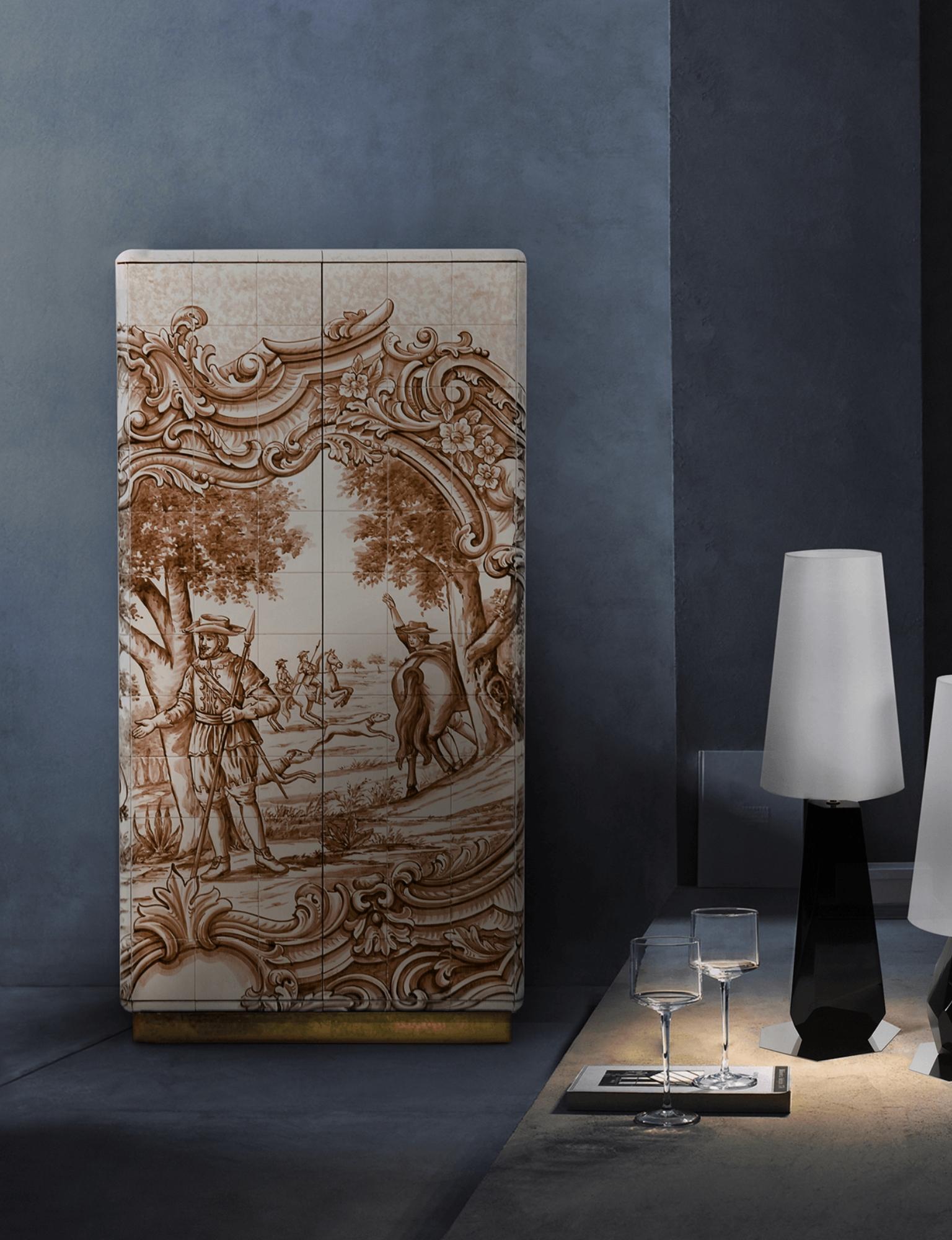 Heritage Sepia Cabinet - Hand-Painted Tiles - Gold Plated & Brass - Boca do Lobo For Sale 3