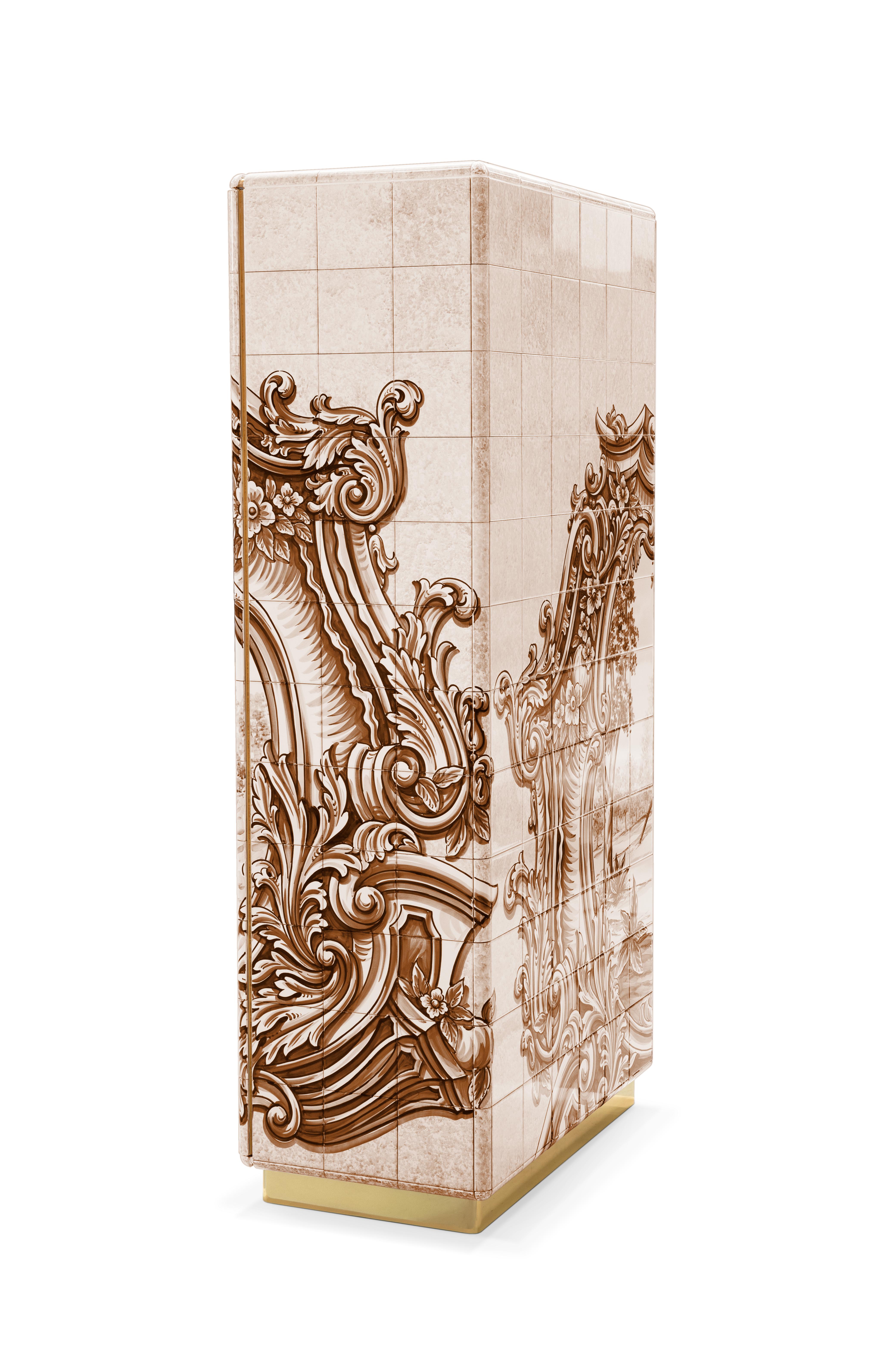 Contemporary Heritage Sepia Cabinet - Hand-Painted Tiles - Gold Plated & Brass - Boca do Lobo For Sale