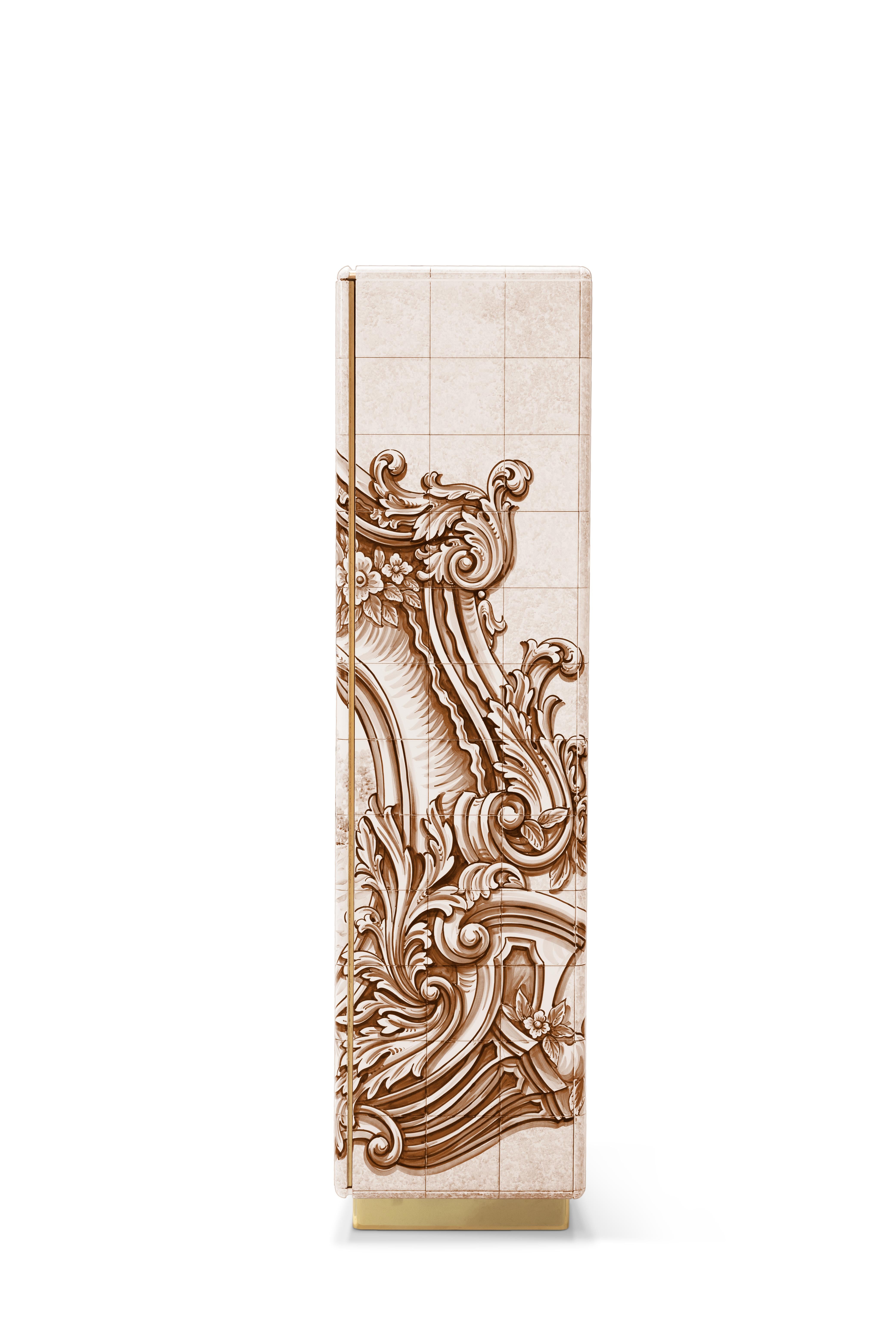 Heritage Sepia Cabinet - Hand-Painted Tiles - Gold Plated & Brass - Boca do Lobo In New Condition For Sale In Rio Tinto, PT