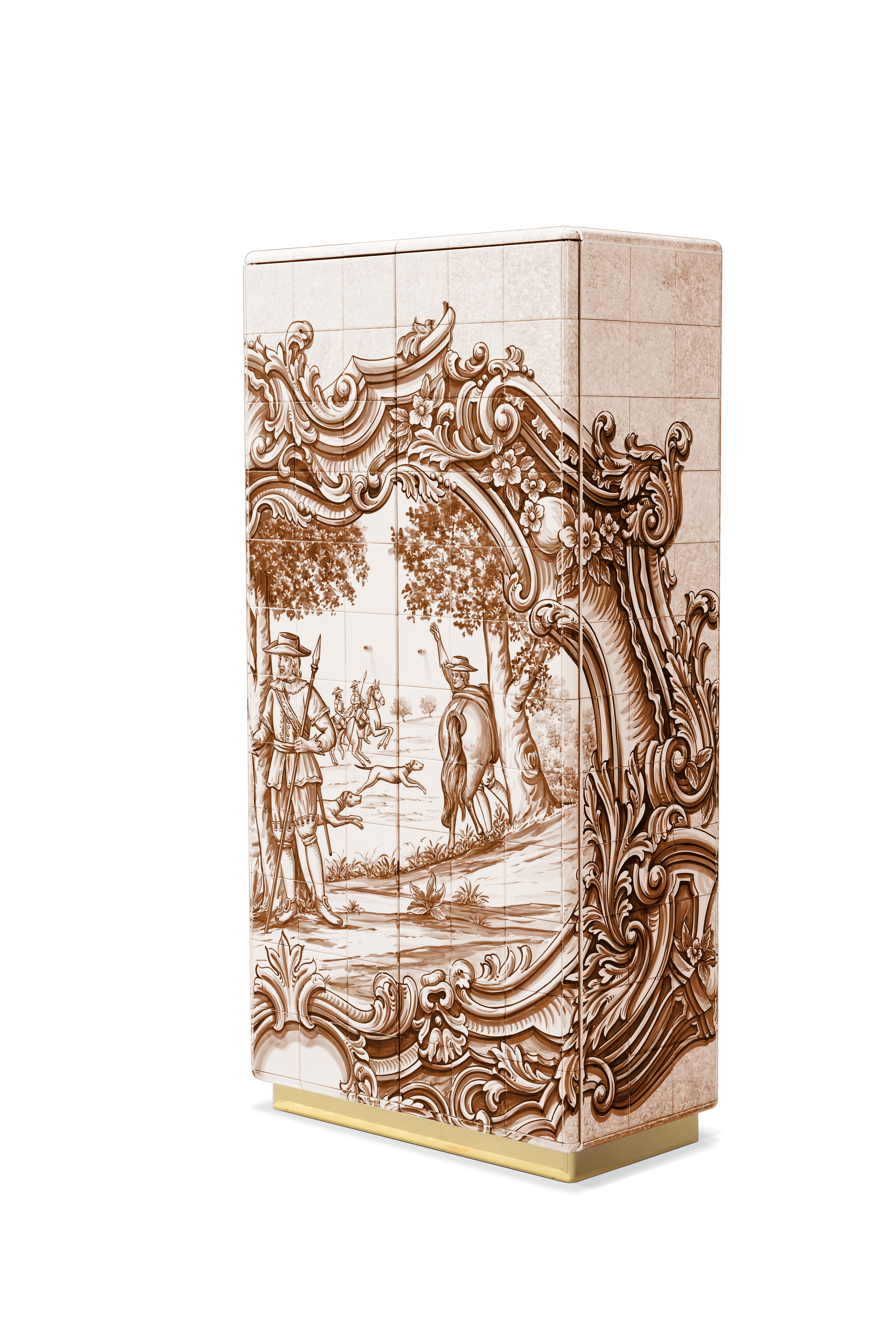 Portuguese Heritage Sepia Cabinet - Hand-Painted Tiles - Gold Plated & Brass - Boca do Lobo For Sale
