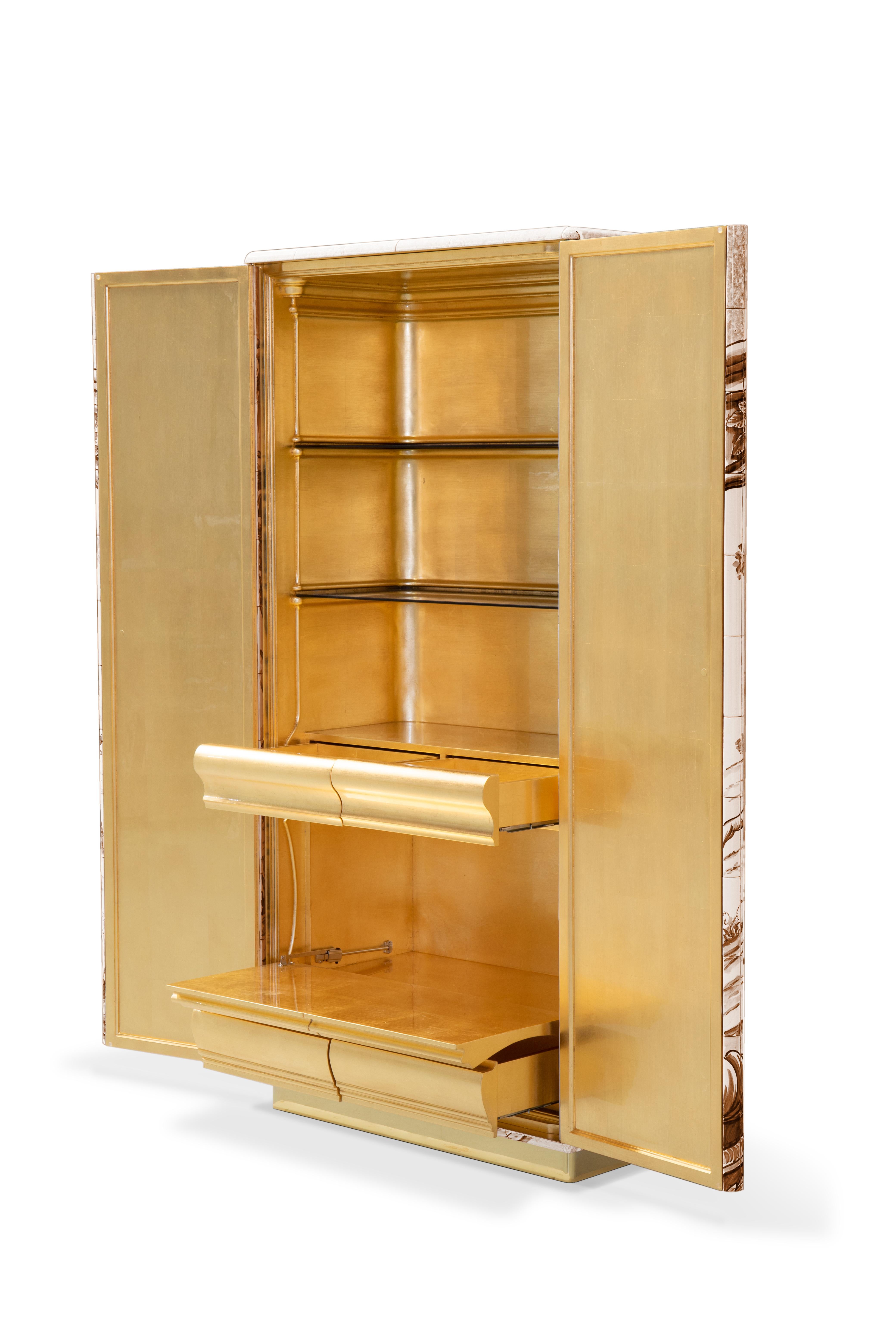 Hand-Carved Heritage Sepia Cabinet - Hand-Painted Tiles - Gold Plated & Brass - Boca do Lobo For Sale