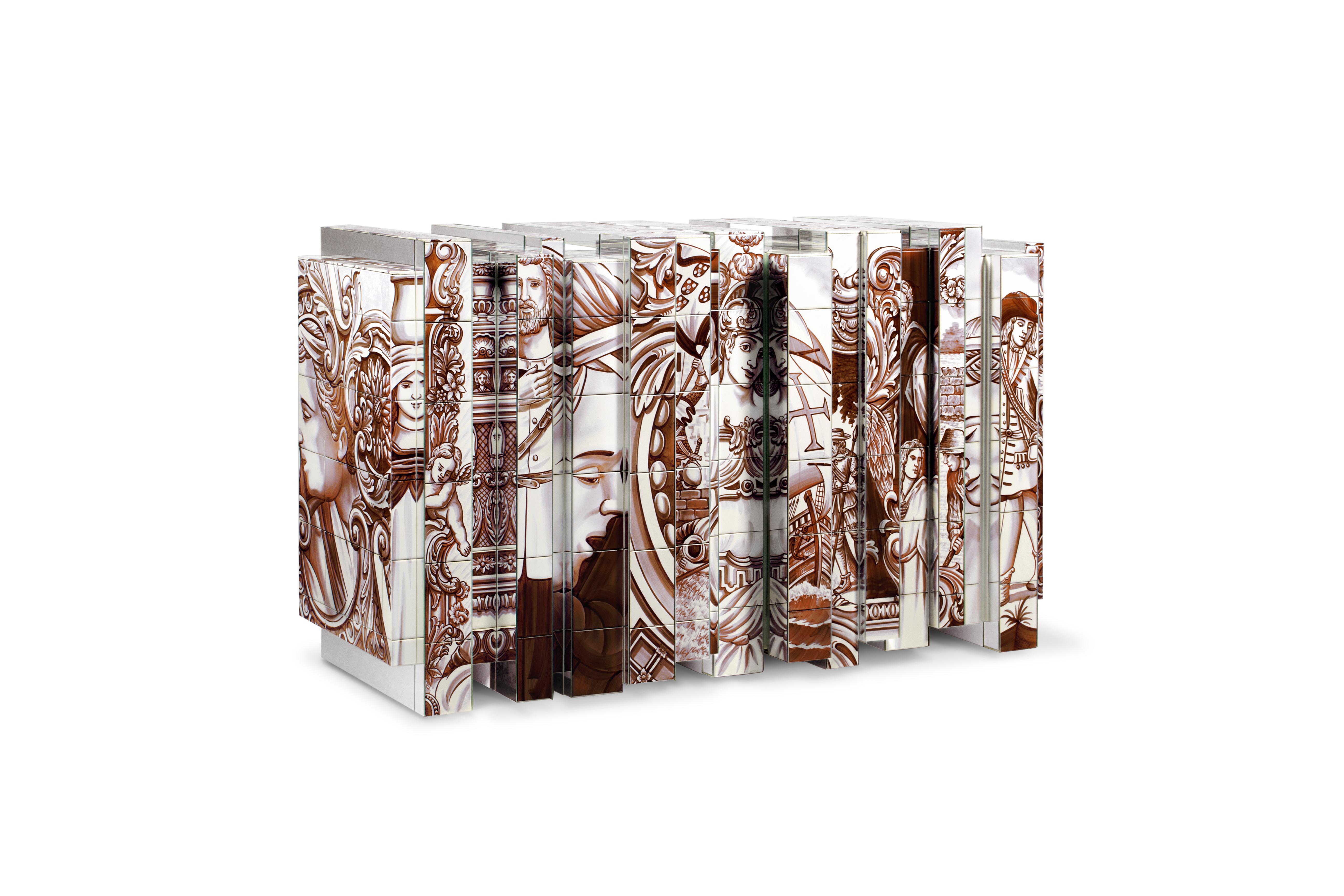 Das Heritage Sideboard ist eine großartige Reise durch das portugiesische Erbe. Das architektonische Sideboard ist mit Azulejos bedeckt, traditionellen handgemalten Kacheln, die eine der repräsentativsten Kunstformen der portugiesischen Kultur