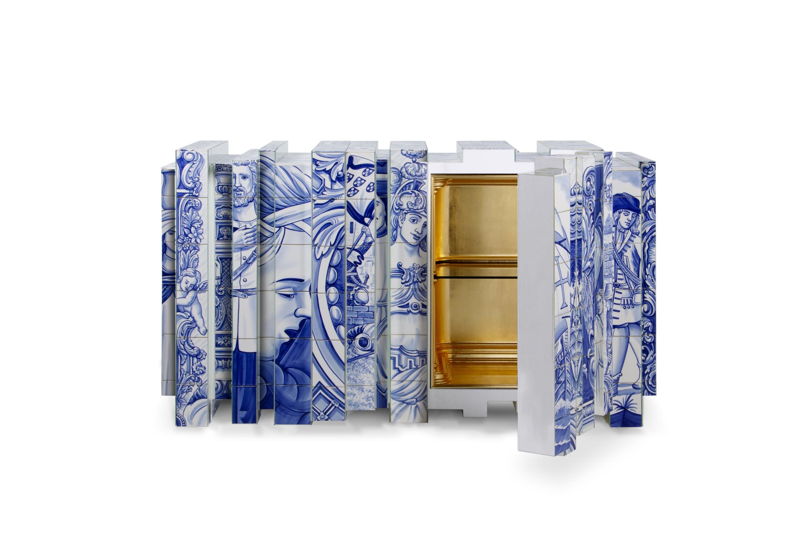 The Heritage Sideboard is a magnificent journey through Portuguese legacy. Covered in Azulejos, traditional hand painted tiles and one of the most representative art forms of Portuguese culture, the architectural sideboard portrays different scenes