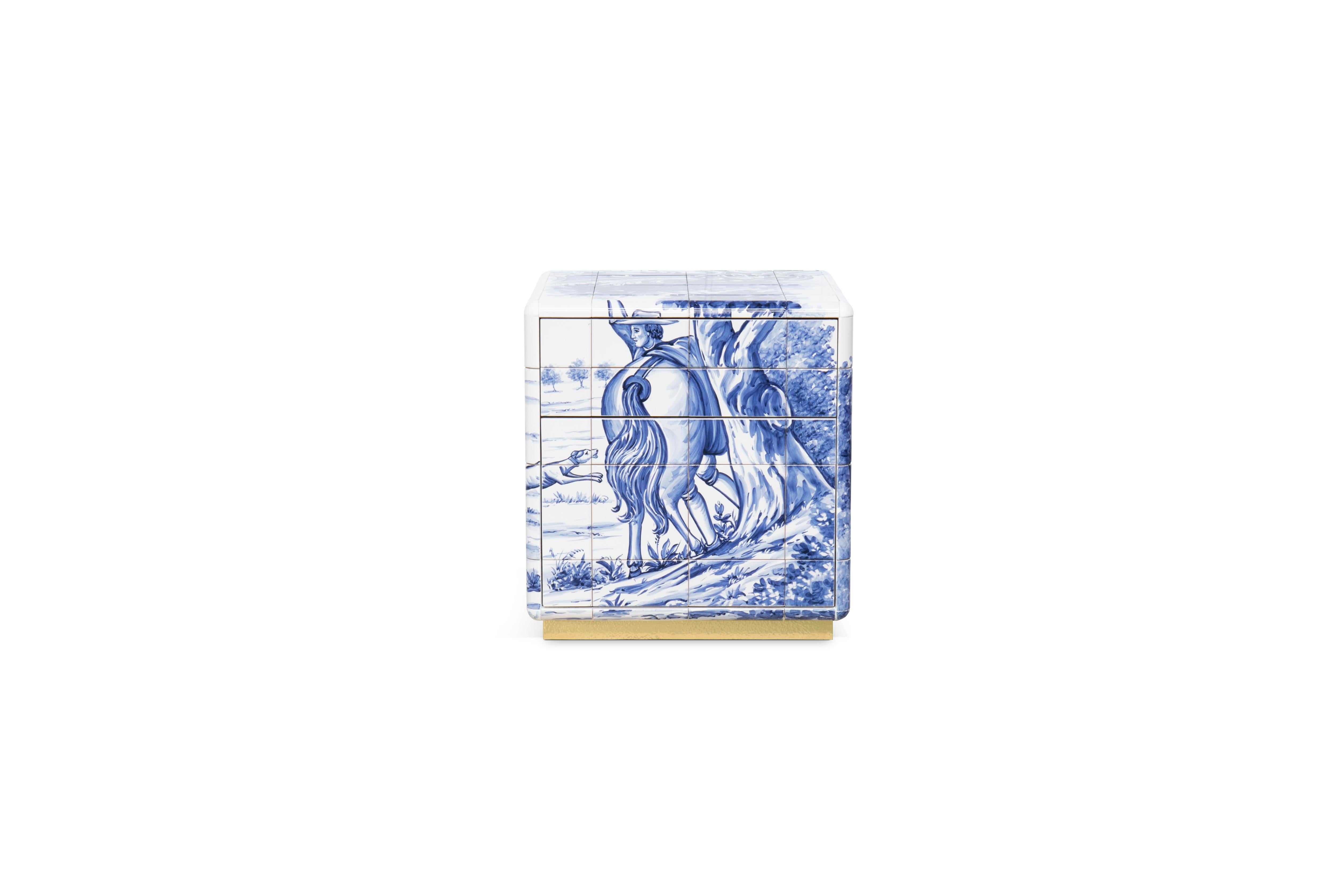 Hand-Carved Heritage Small Nightstand - Hand-Painted Tiles - Gold & Brass - Boca do Lobo For Sale