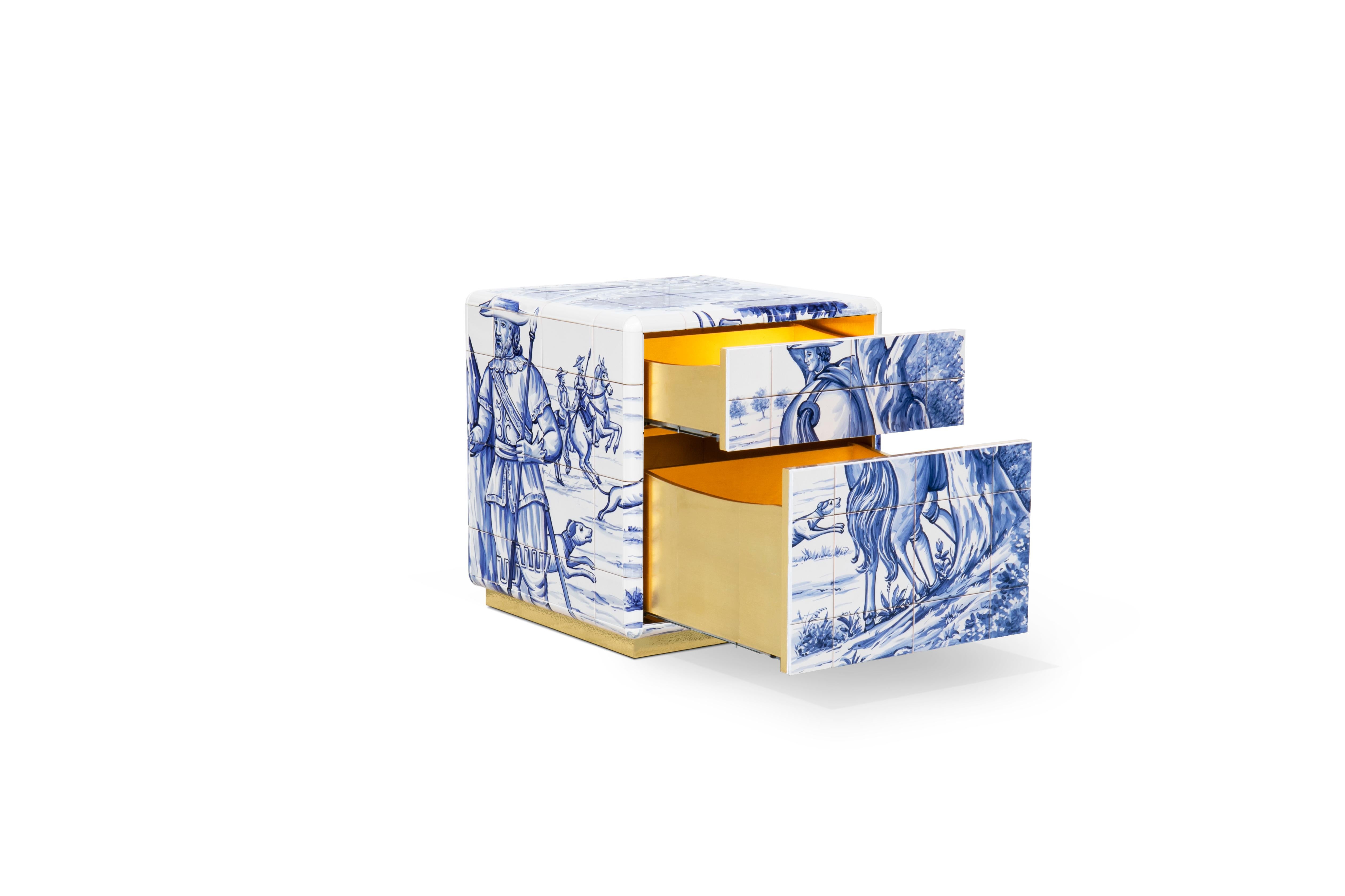 Heritage Small Nightstand - Hand-Painted Tiles - Gold & Brass - Boca do Lobo For Sale 1