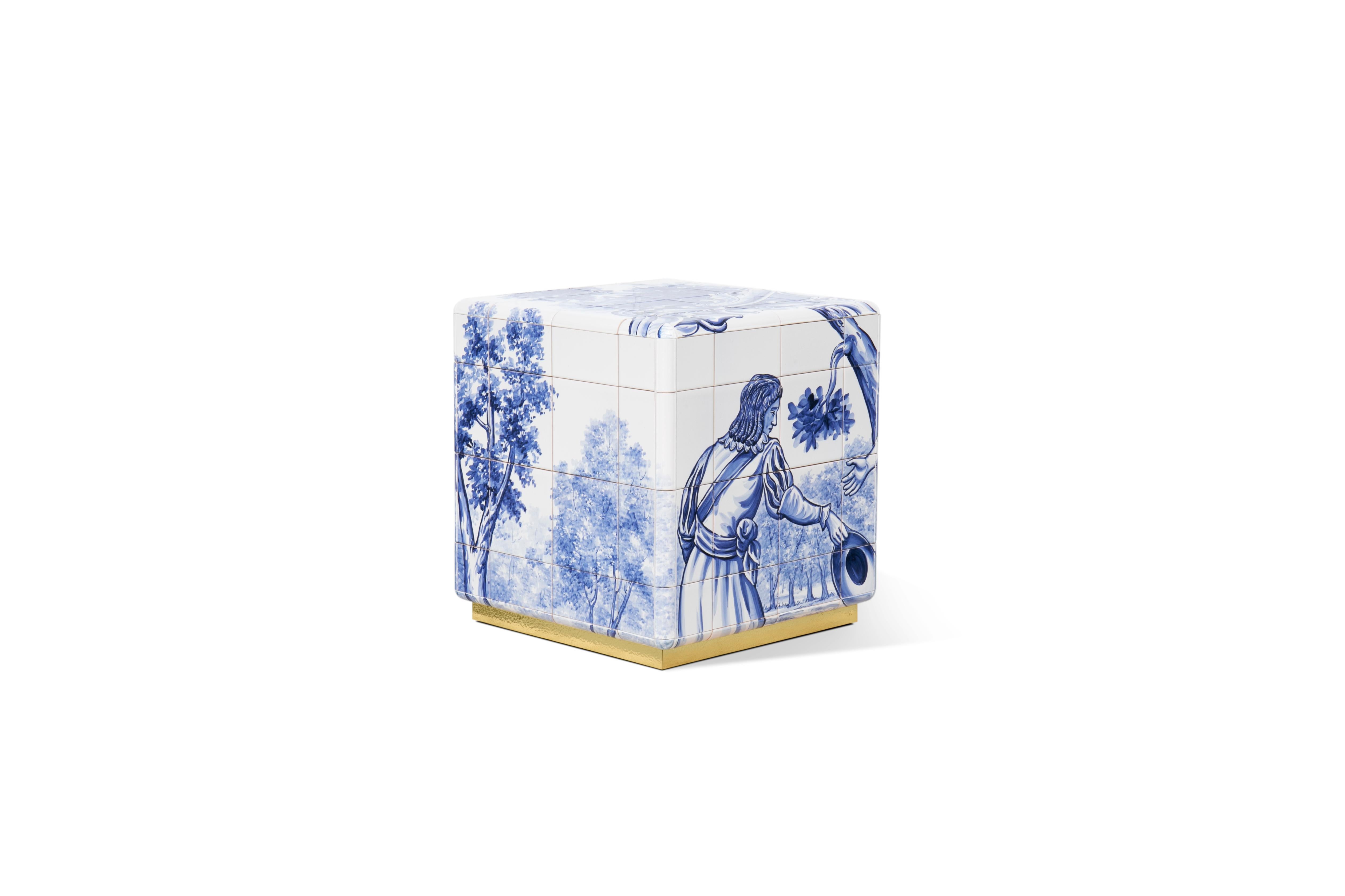 Portuguese Heritage Small Nightstand - Hand-Painted Tiles - Gold & Brass - Boca do Lobo For Sale