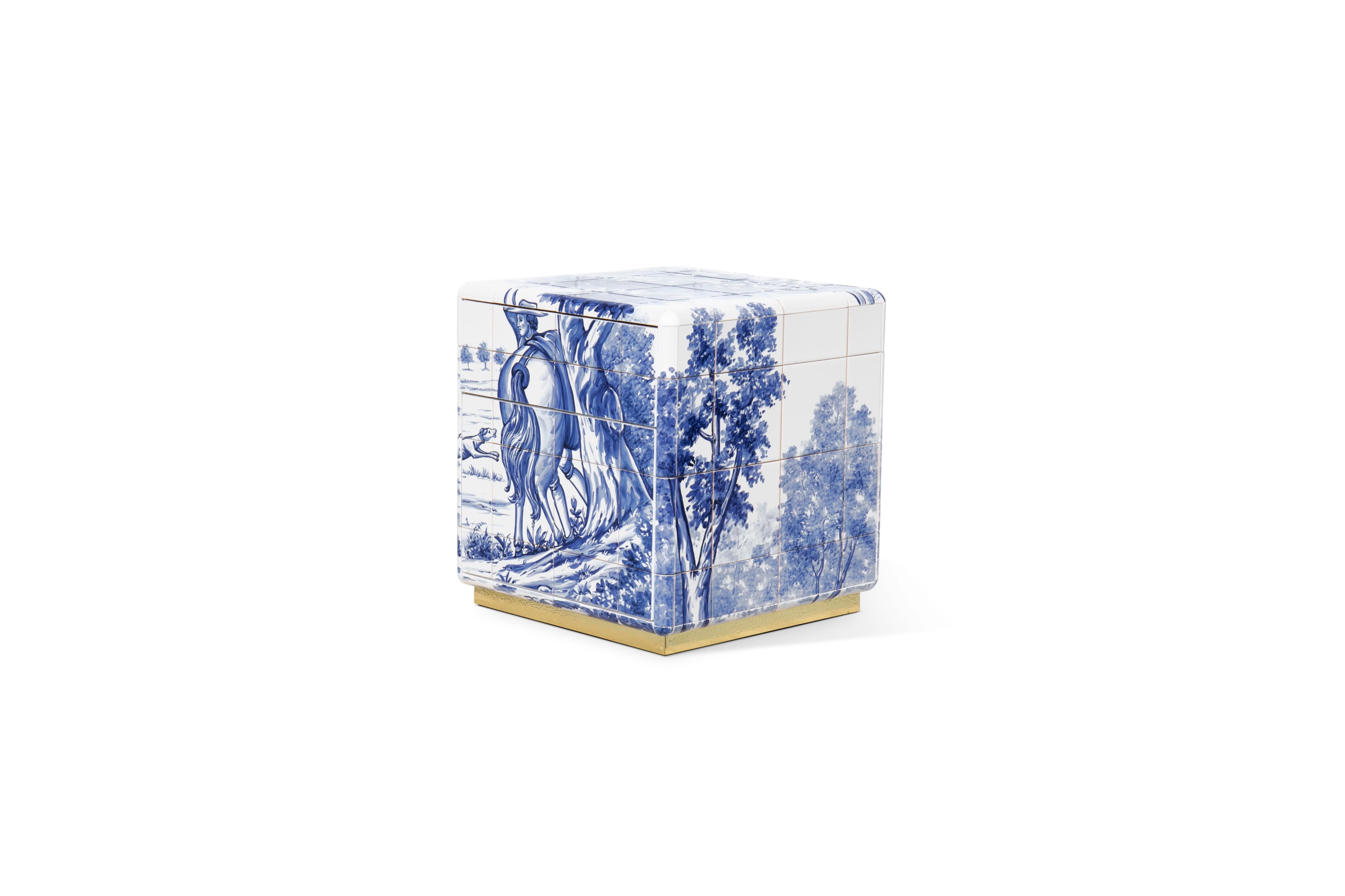 Contemporary Heritage Small Nightstand - Hand-Painted Tiles - Gold & Brass - Boca do Lobo For Sale