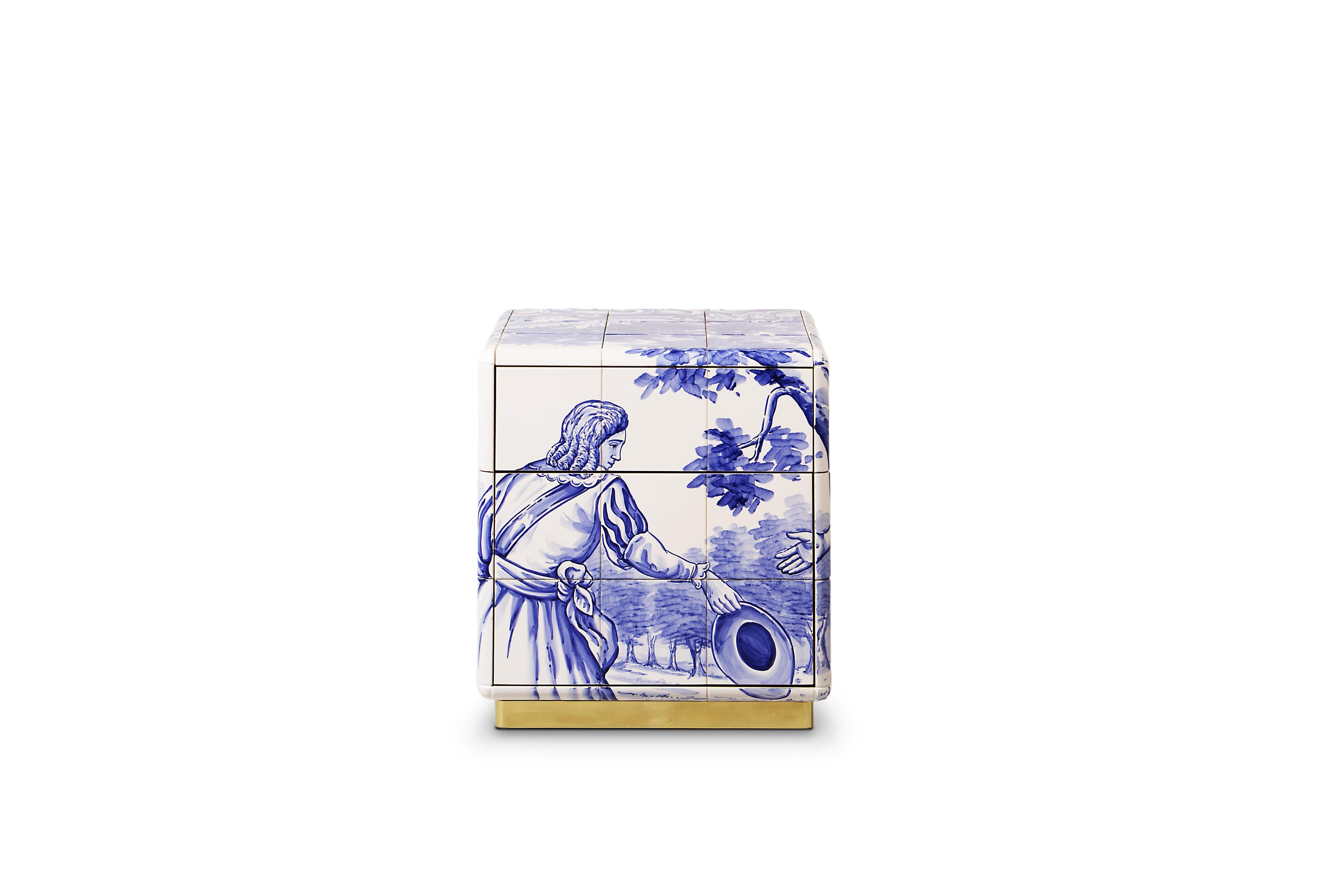 The heritage nightstand is influenced by the Azulejo, a landmark in Portuguese culture. Originating from the Arabic word zellige, this traditional hand-painted tile that can be found all-over the country, from churches to houses and gardens and was