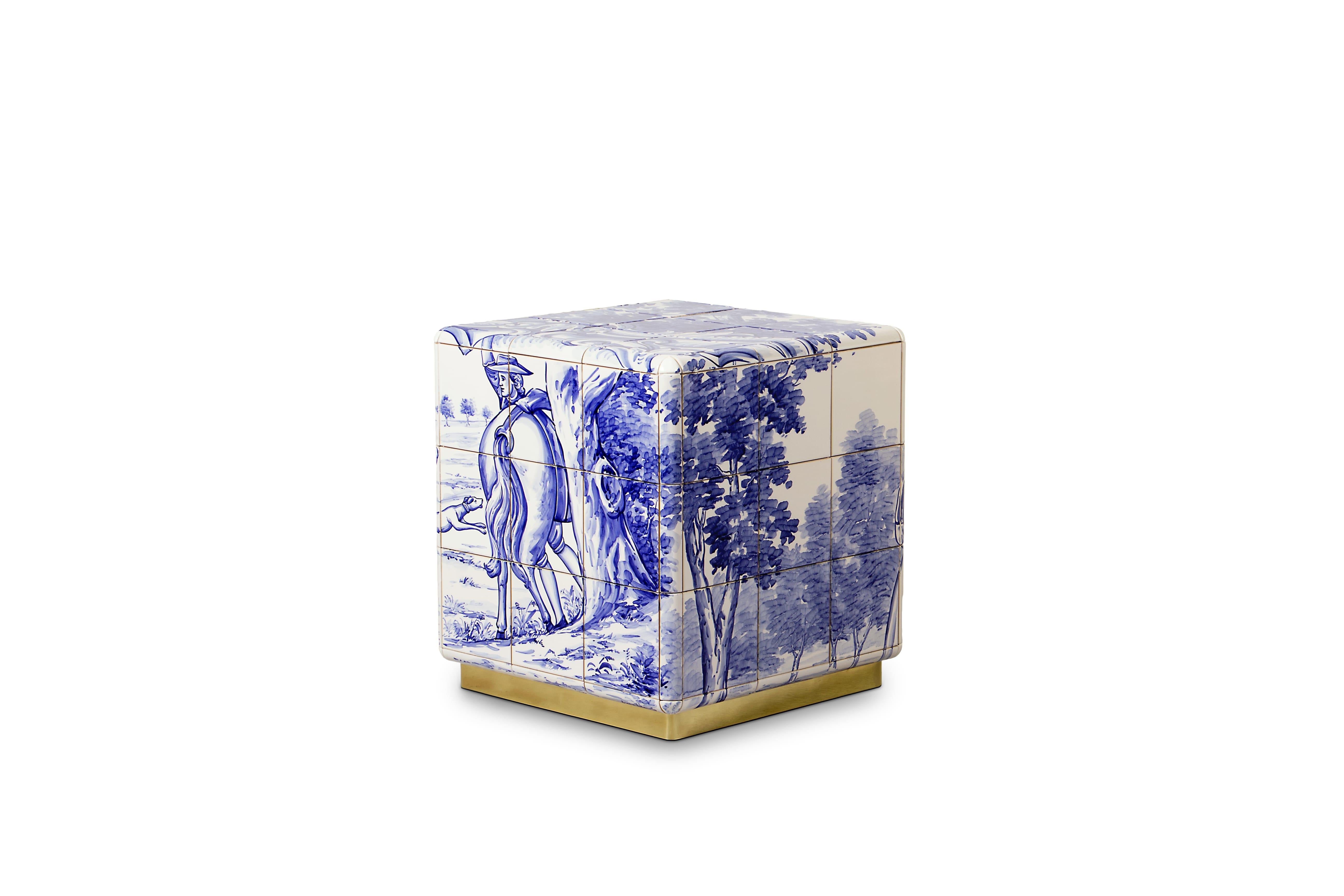 Modern Heritage Small Nightstand in Blue Hand Painted Tile For Sale