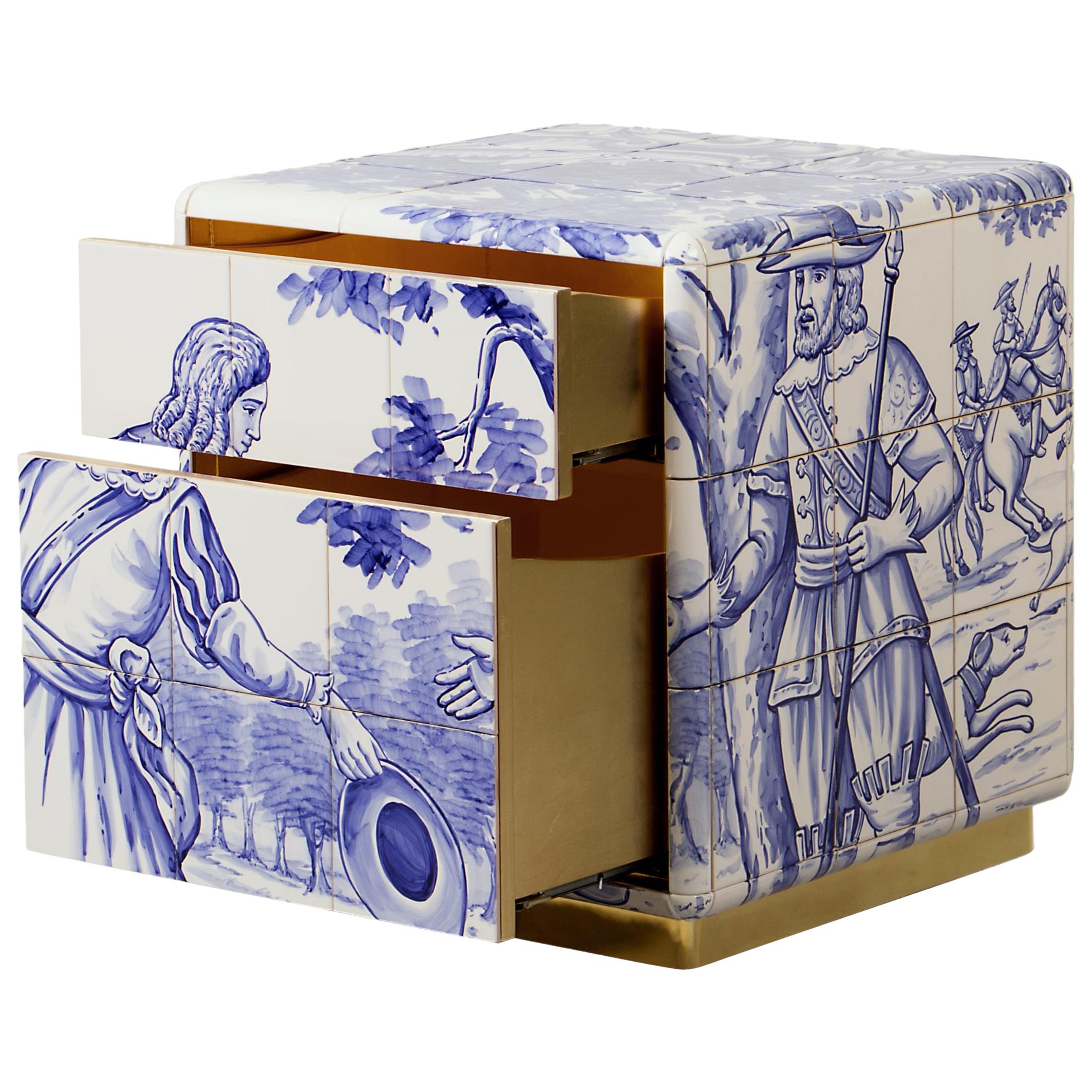 Heritage Small Nightstand in Blue Hand Painted Tile For Sale
