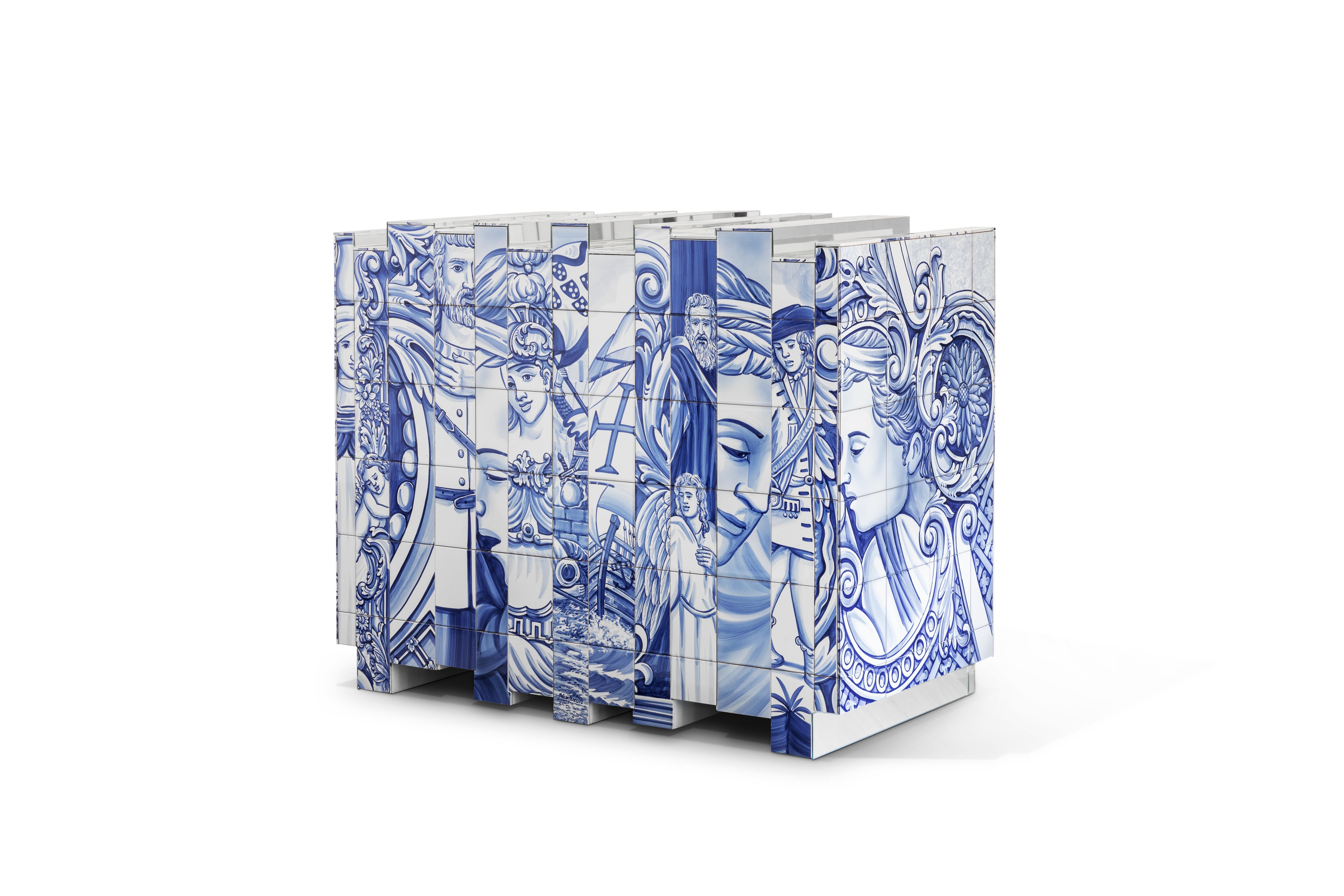 Heritage Kleines Sideboard  - Handbemalte Kacheln - Gold & Messing - Boca do Lobo (Portugiesisch) im Angebot