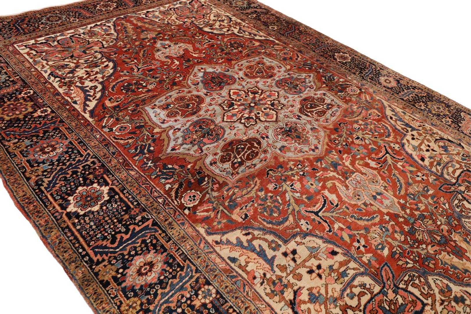 Hand-Knotted Heriz Antique Area rug, Red Blue Ivory - 8 x 12 For Sale