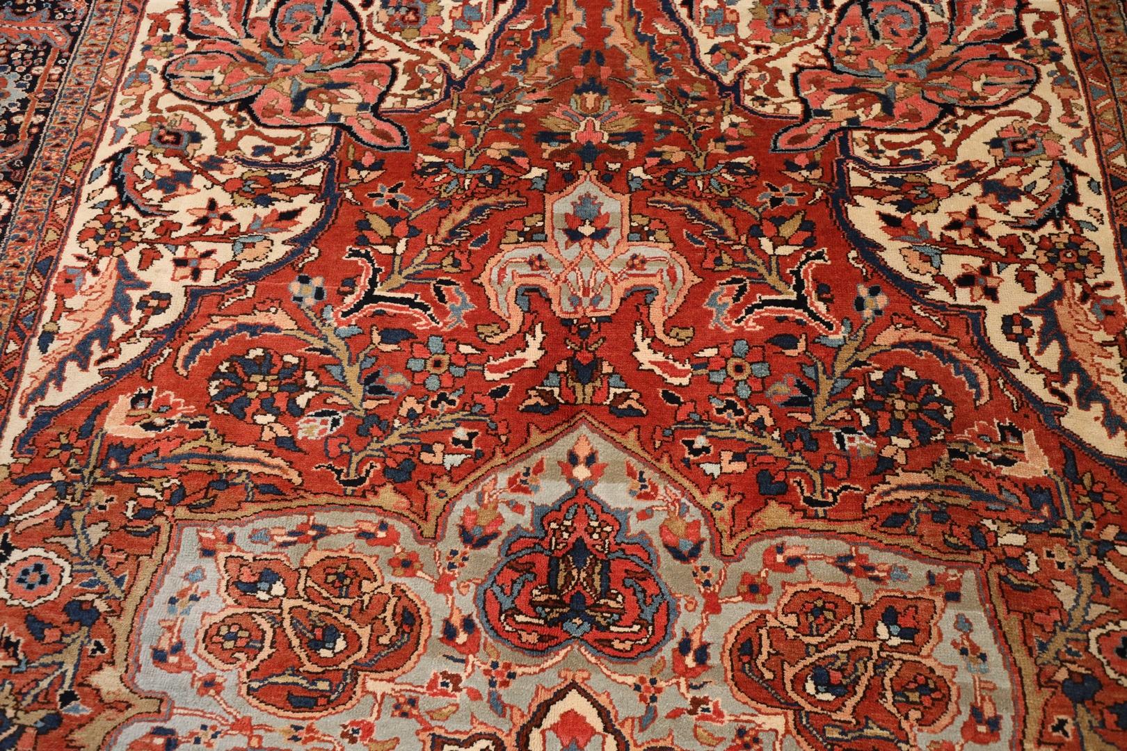 20th Century Heriz Antique Area rug, Red Blue Ivory - 8 x 12 For Sale