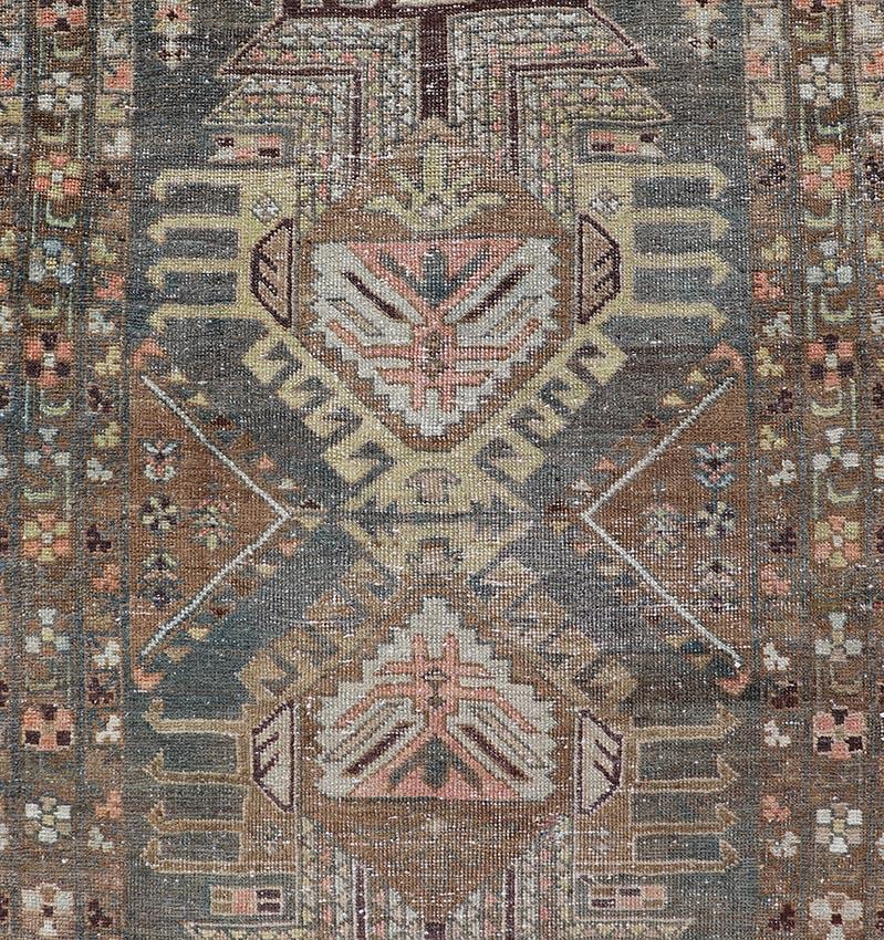 Heriz Antique Persian Rug with Geometric Medallions in Steal Blue, Brown & Peach For Sale 3