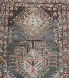 Heriz Antique Persian Rug with Geometric Medallions in Steal Blue, Brown & Peach
