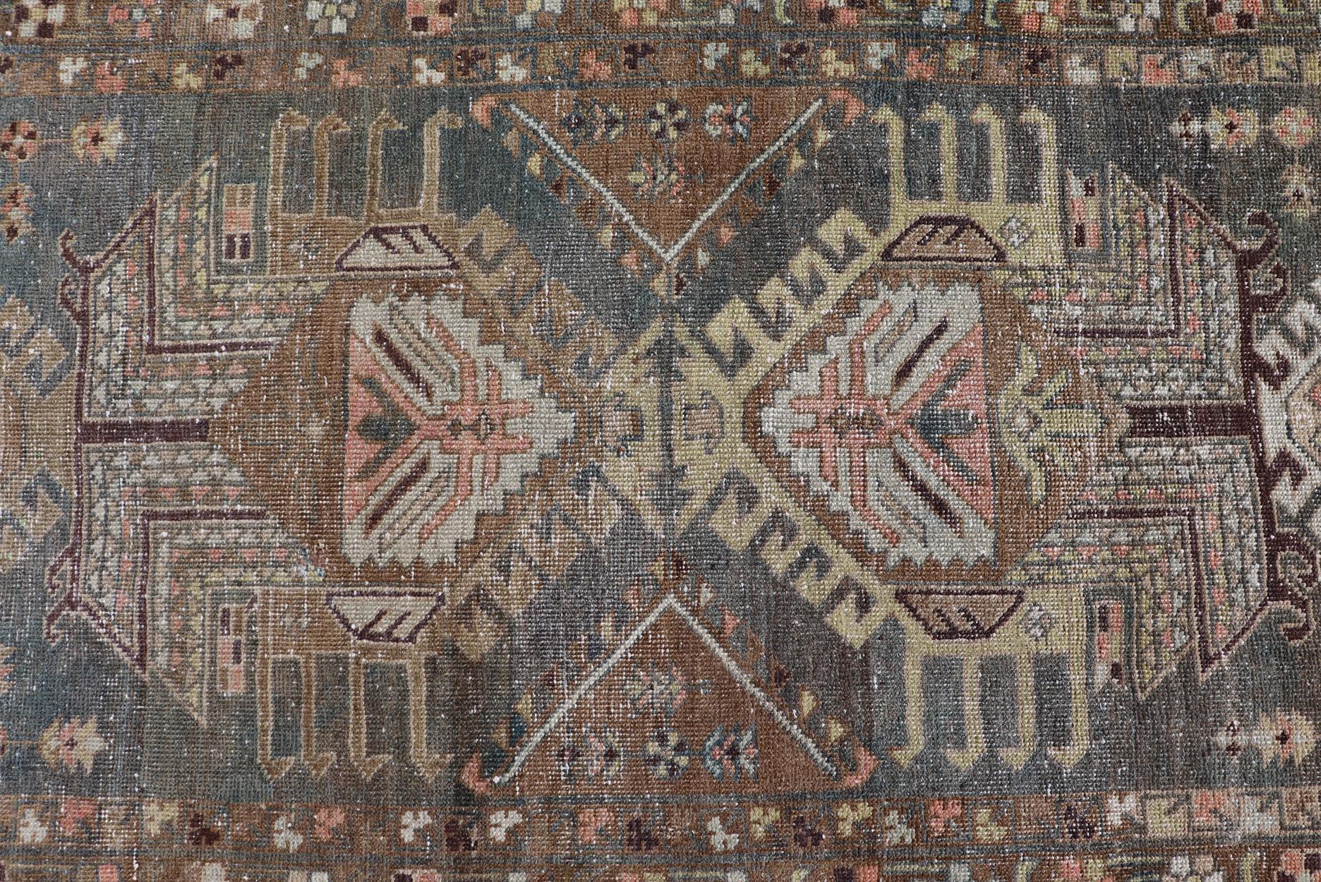 Heriz Serapi Heriz Antique Persian Rug with Geometric Medallions in Steal Blue, Brown & Peach For Sale