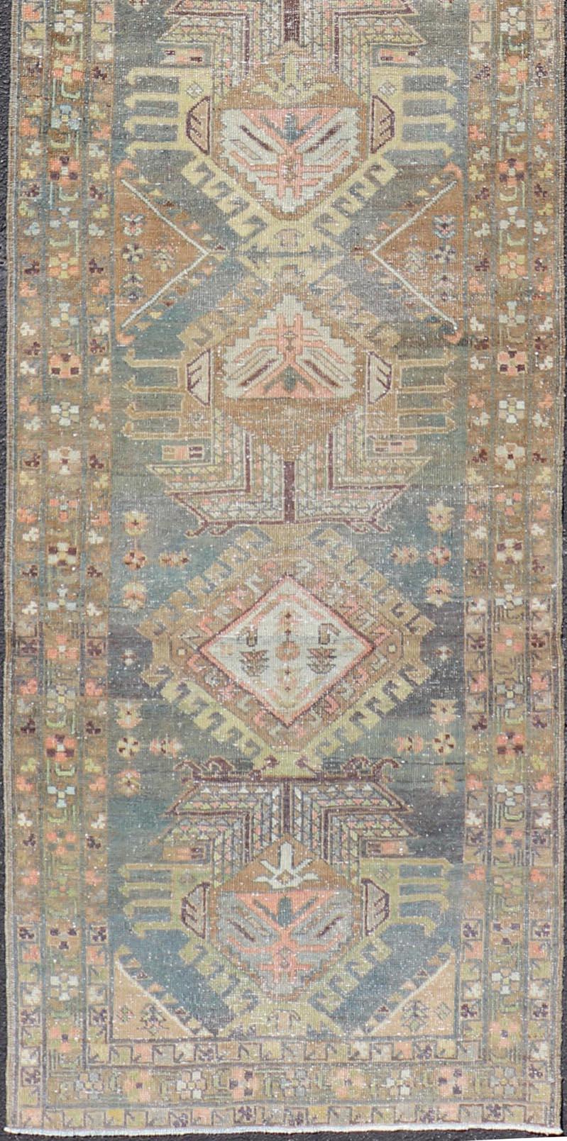 20th Century Heriz Antique Persian Rug with Geometric Medallions in Steal Blue, Brown & Peach For Sale