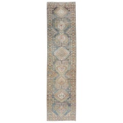 Heriz Antique Persian Rug with Geometric Medallions in Steal Blue, Brown & Peach