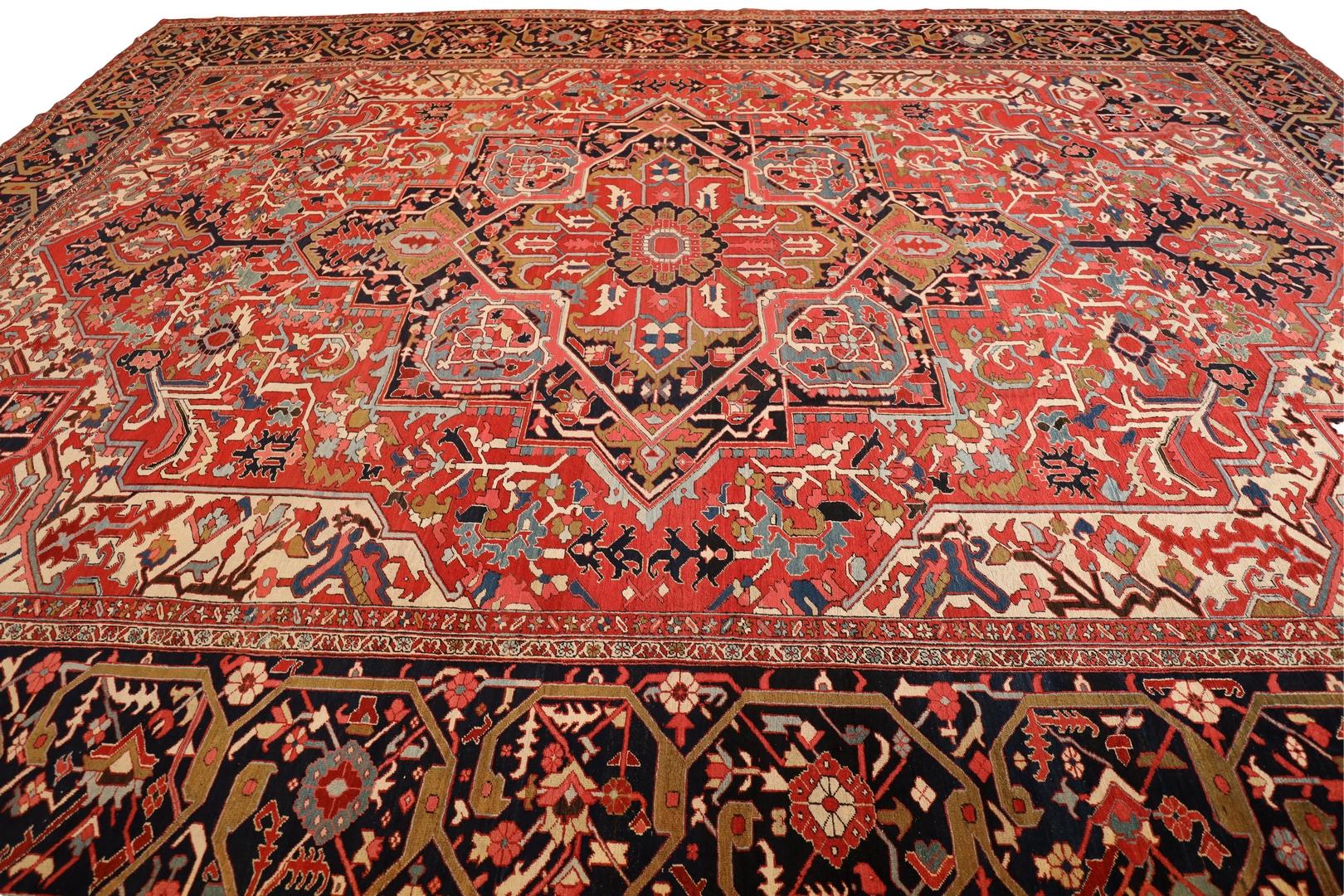 Hand-Knotted Heriz Antique Room Size, Red Ivory Green - 13'6