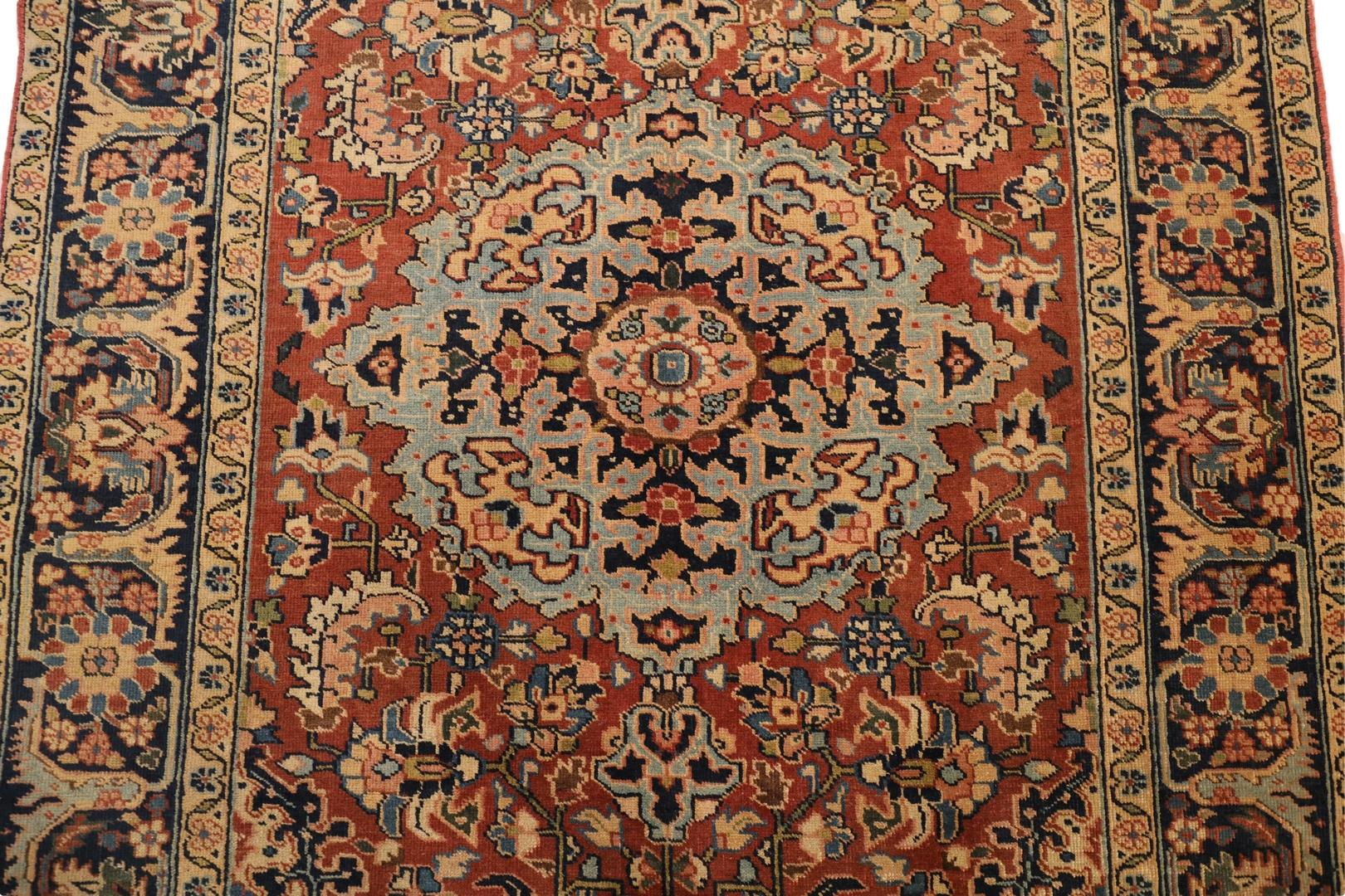Hand-Knotted Heriz Antique Rug, Red Light-Blue Navy - 6 x 9 For Sale