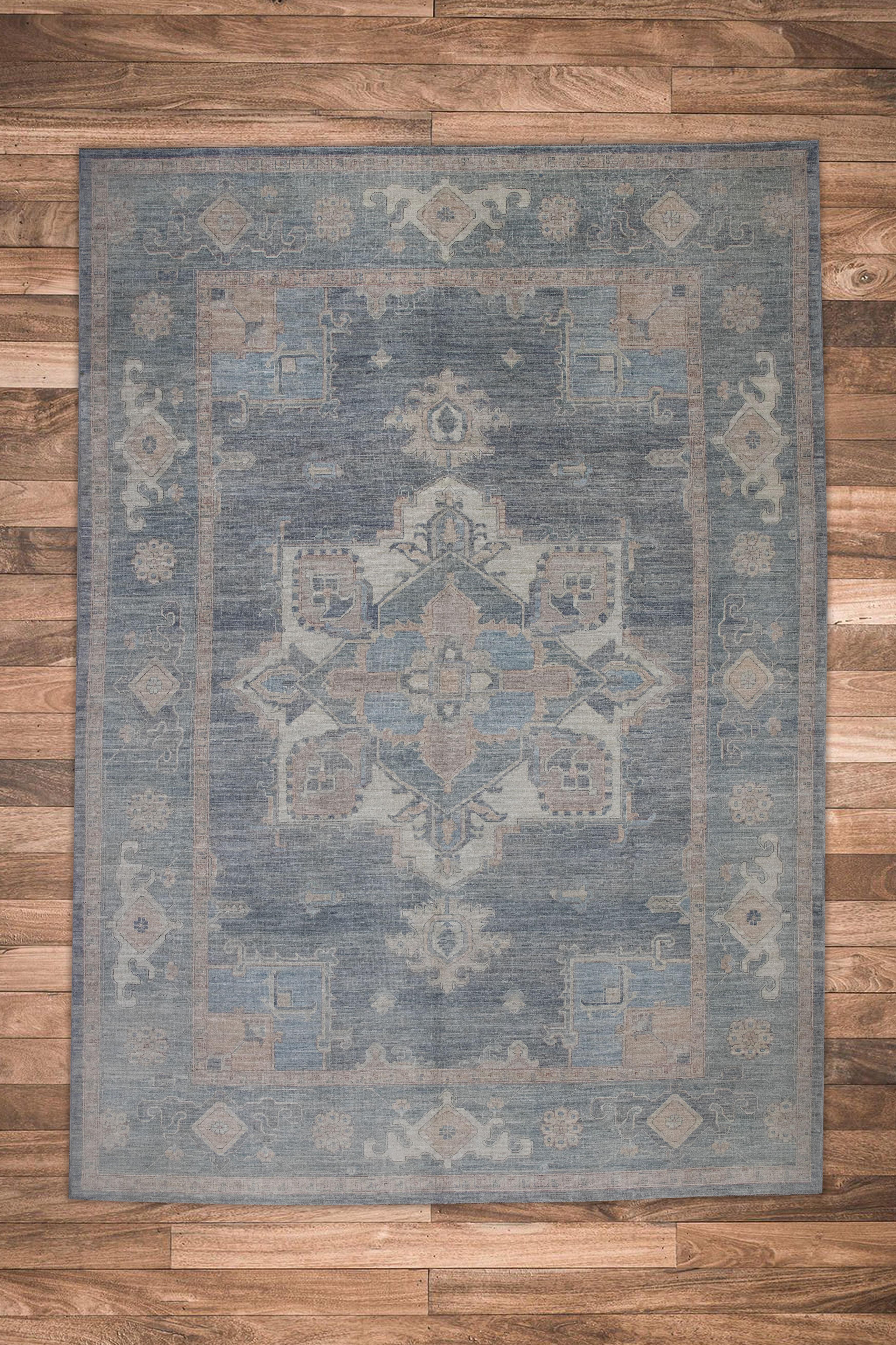 Heriz Teppich Blau Rose, Elfenbein & Beige Handgewebter Wollteppich 10'2