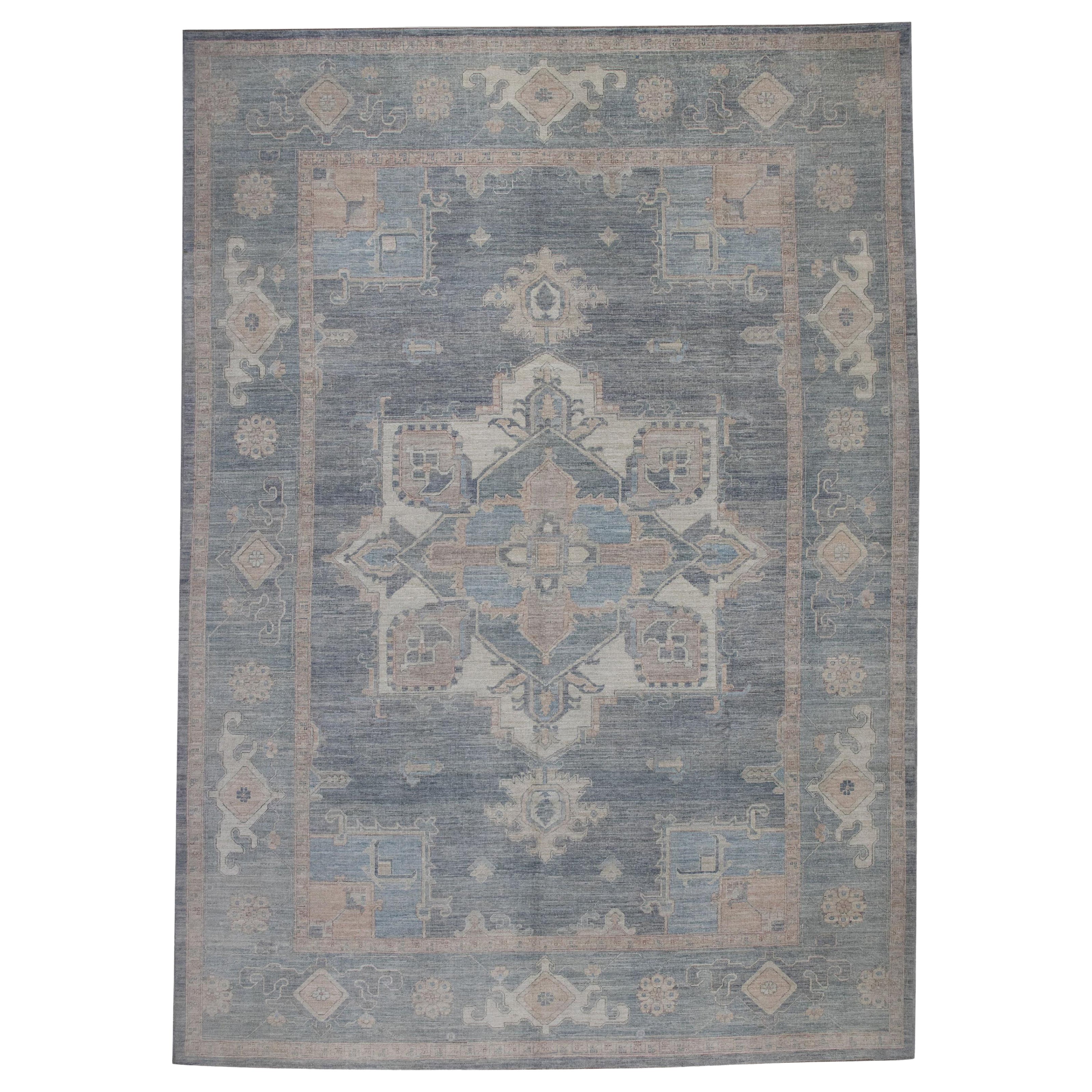 Heriz Teppich Blau Rose, Elfenbein & Beige Handgewebter Wollteppich 10'2" x 14'5" im Angebot