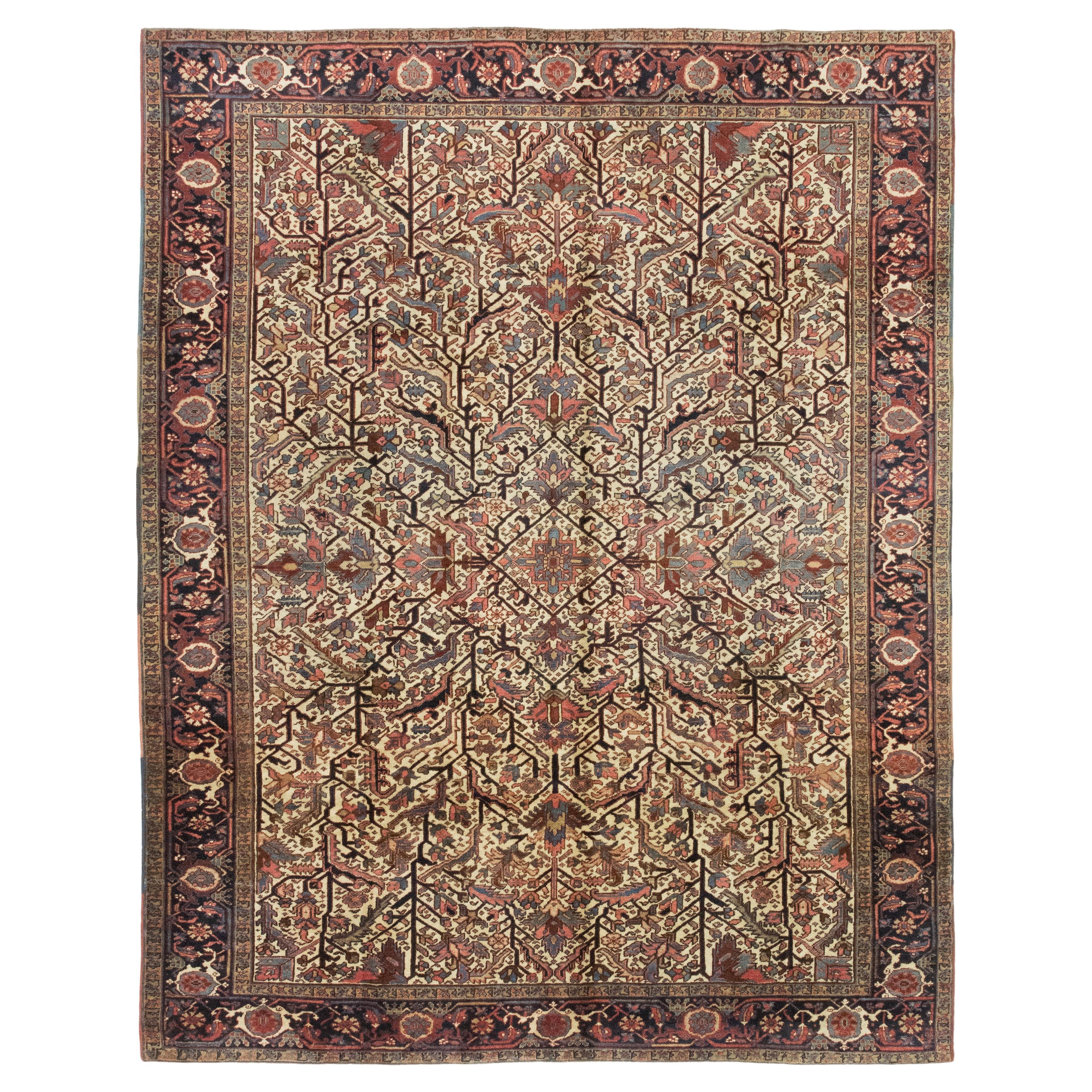 Heriz Rug, Hand Knotted, 10.3 × 8.1 ft – Red, Navy and Ivory