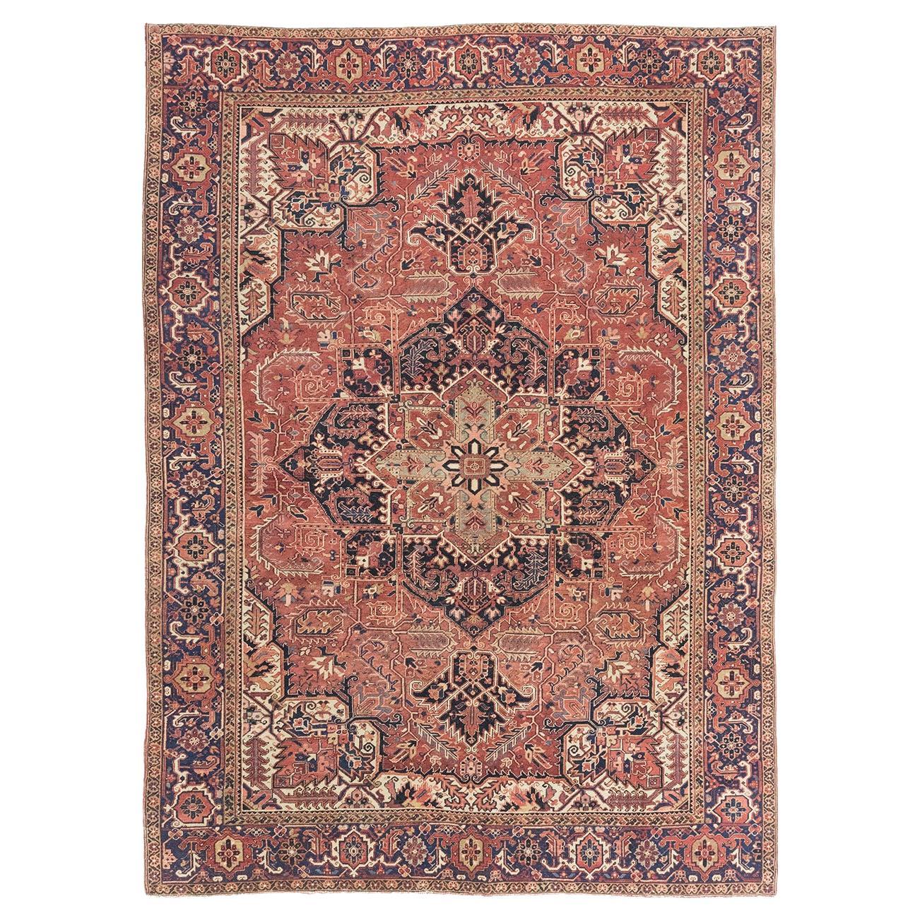 Heriz Rug, Hand Knotted, 12.8 × 9.3 ft – Red, Navy and Ivory For Sale