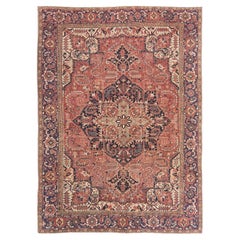 Heriz Rug, Hand Knotted, 12.8 × 9.3 ft – Red, Navy and Ivory