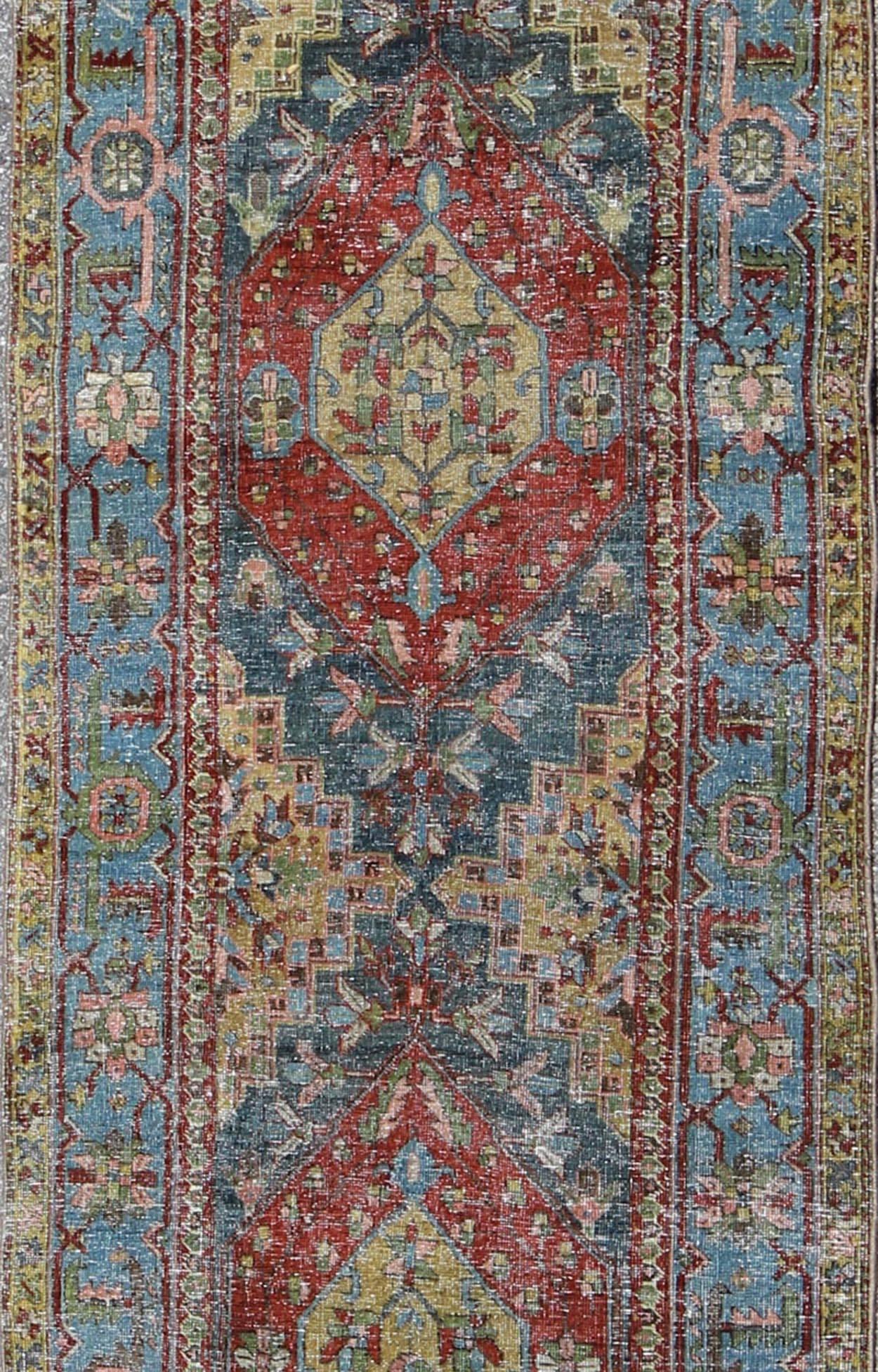 Hand-Knotted Heriz Runner Antique Persian with Three Sub-Geometric Medallions, circa 1920 For Sale