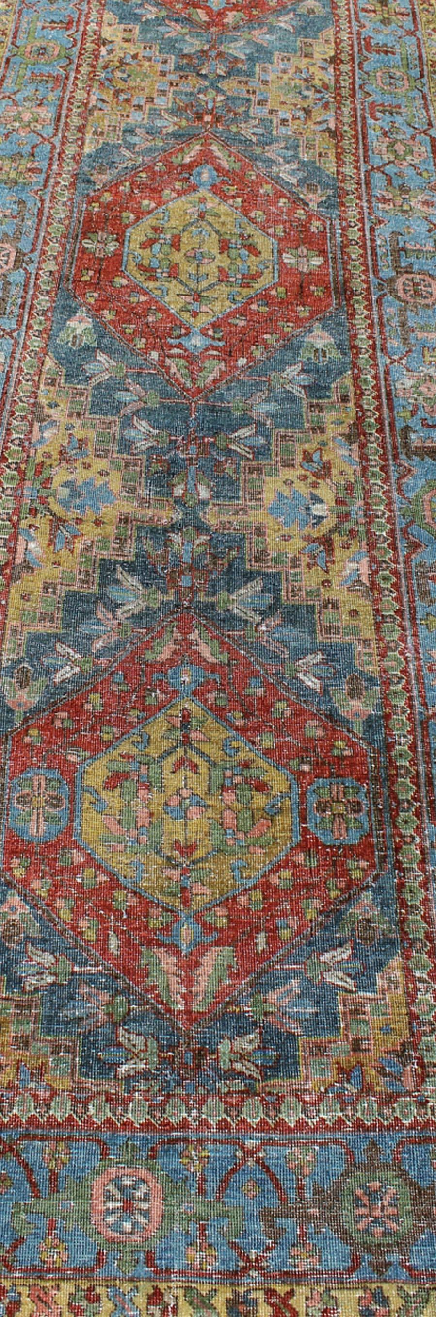 Early 20th Century Heriz Runner Antique Persian with Three Sub-Geometric Medallions, circa 1920 For Sale