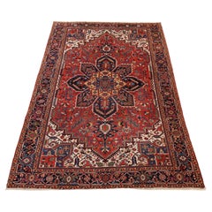 Heriz Semi-Antique Room size rug, Red Navy Ivory - 8'6" x 12'