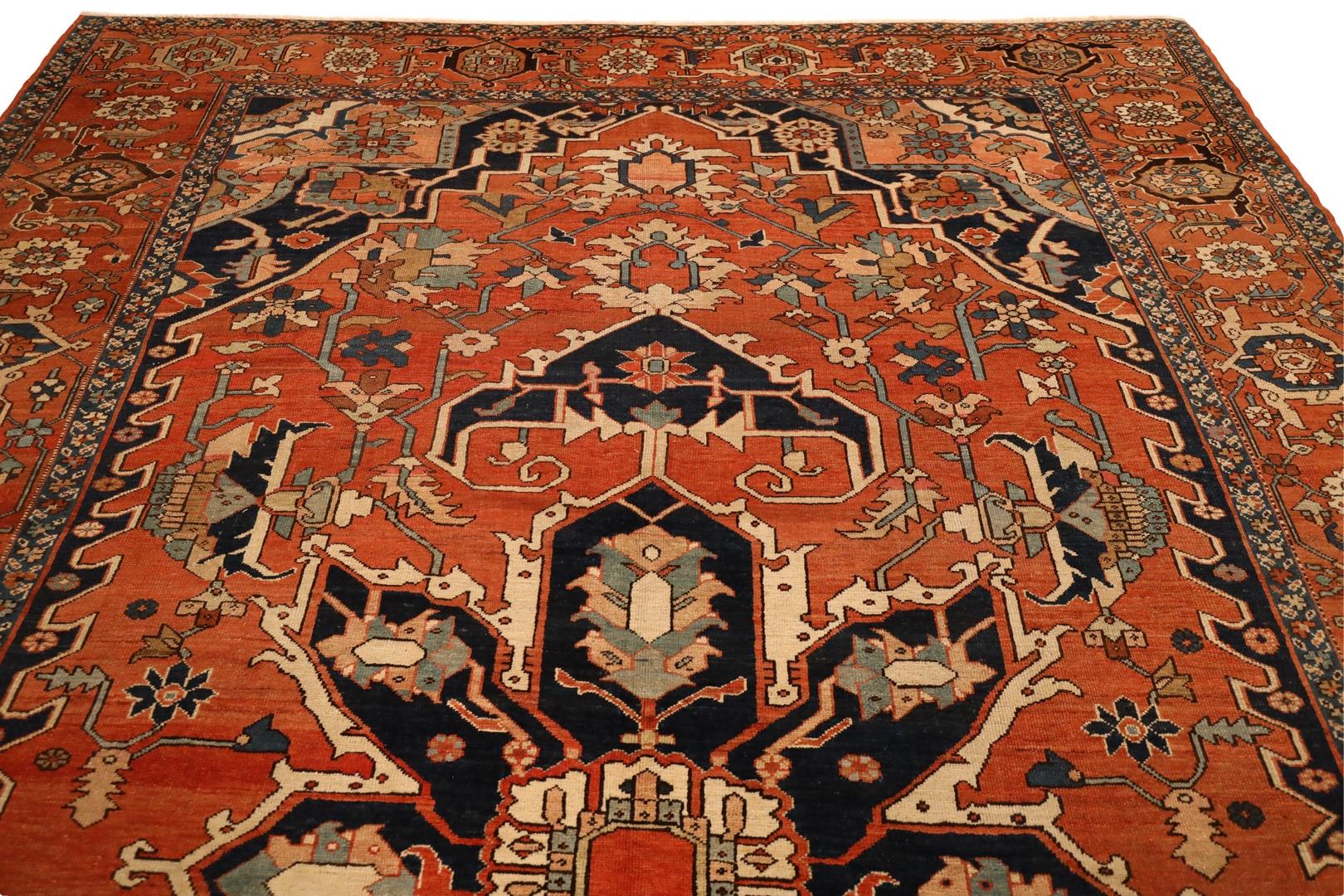 Antiker Heriz-Serapi-Teppich, rot, marineblau, elfenbeinfarben - 10'1