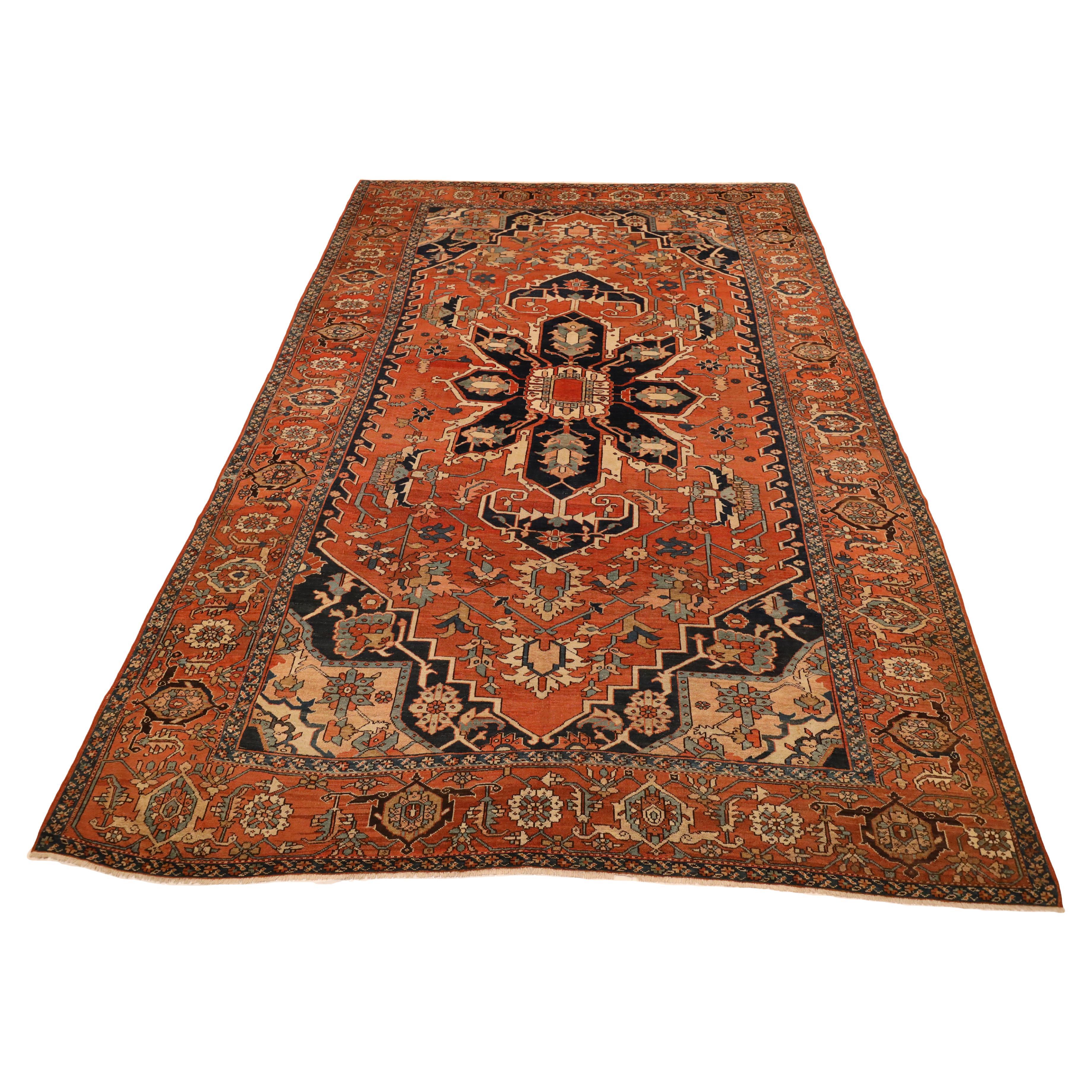Heriz-Serapi Antique rug, Red Navy Ivory - 10'1" x 14'6" For Sale