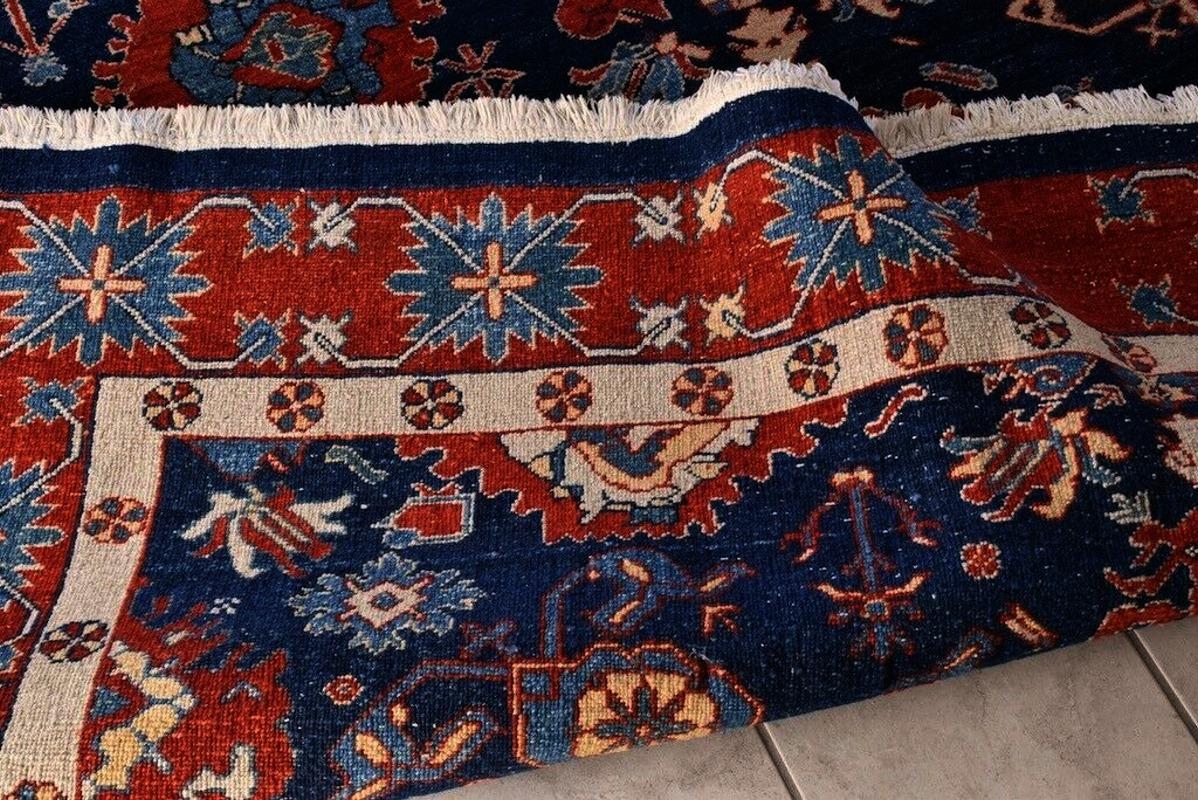 Heriz Style Azeri Rug Large Room Size Blue Vintage Area Carpet In Good Condition In Lohr, Bavaria, DE