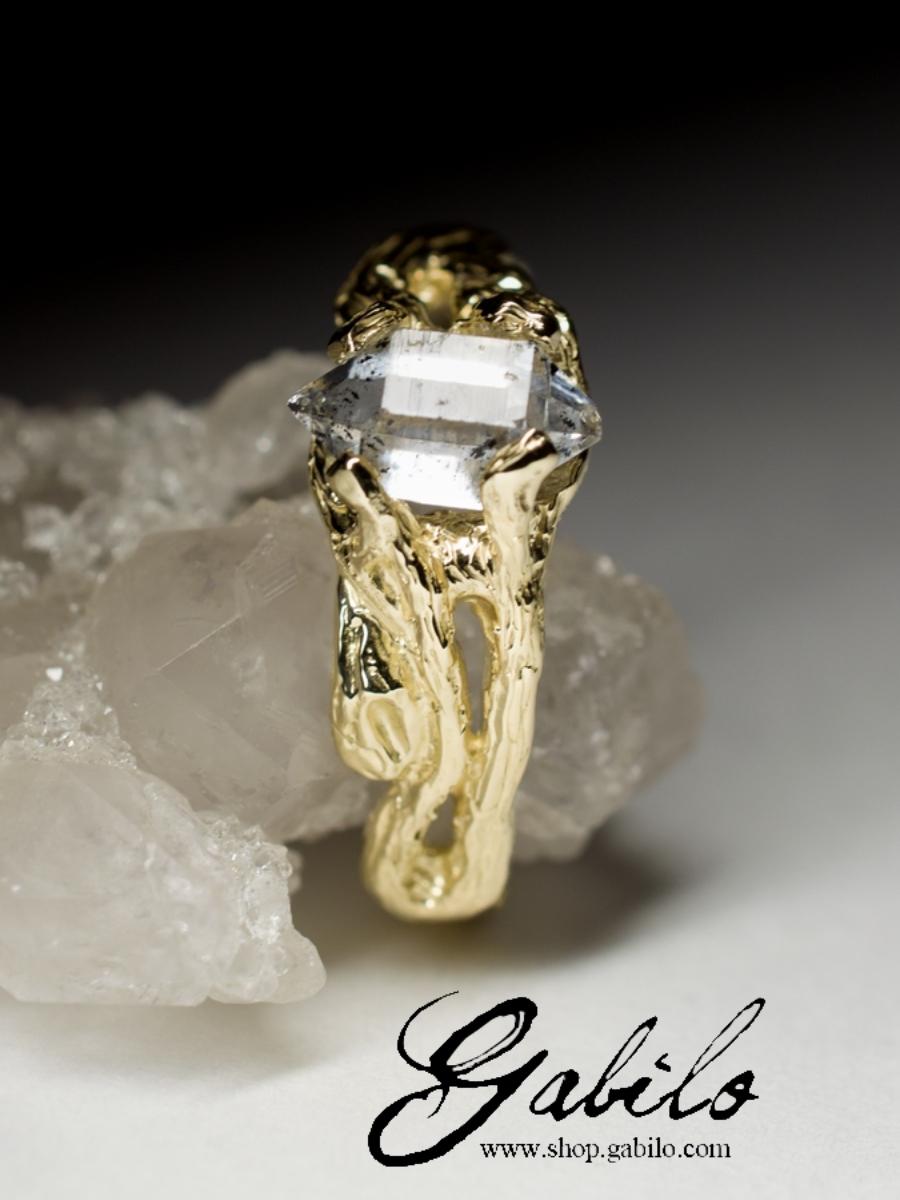 Artisan Herkimer Diamond Crystal Yellow Gold Ring Rock Crystal Clear Quartz Mens Jewelry