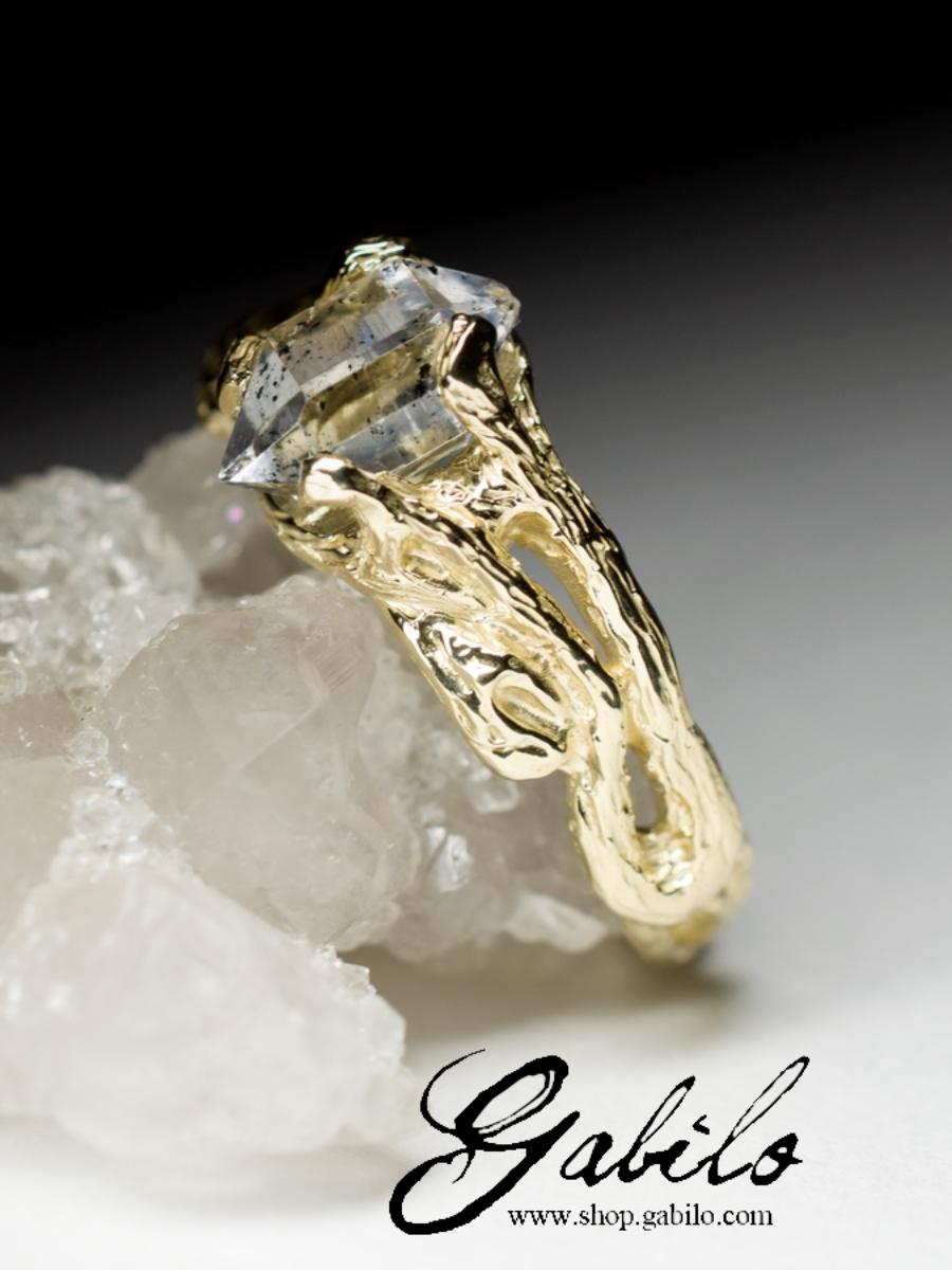 Uncut Herkimer Diamond Crystal Yellow Gold Ring Rock Crystal Clear Quartz Mens Jewelry