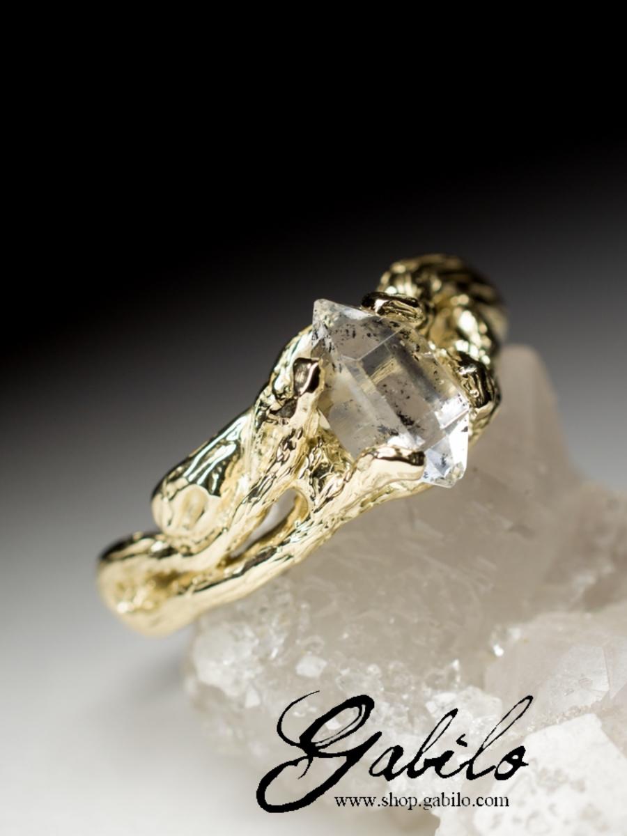 Herkimer Diamond Crystal Yellow Gold Ring Rock Crystal Clear Quartz Mens Jewelry In New Condition In Berlin, DE