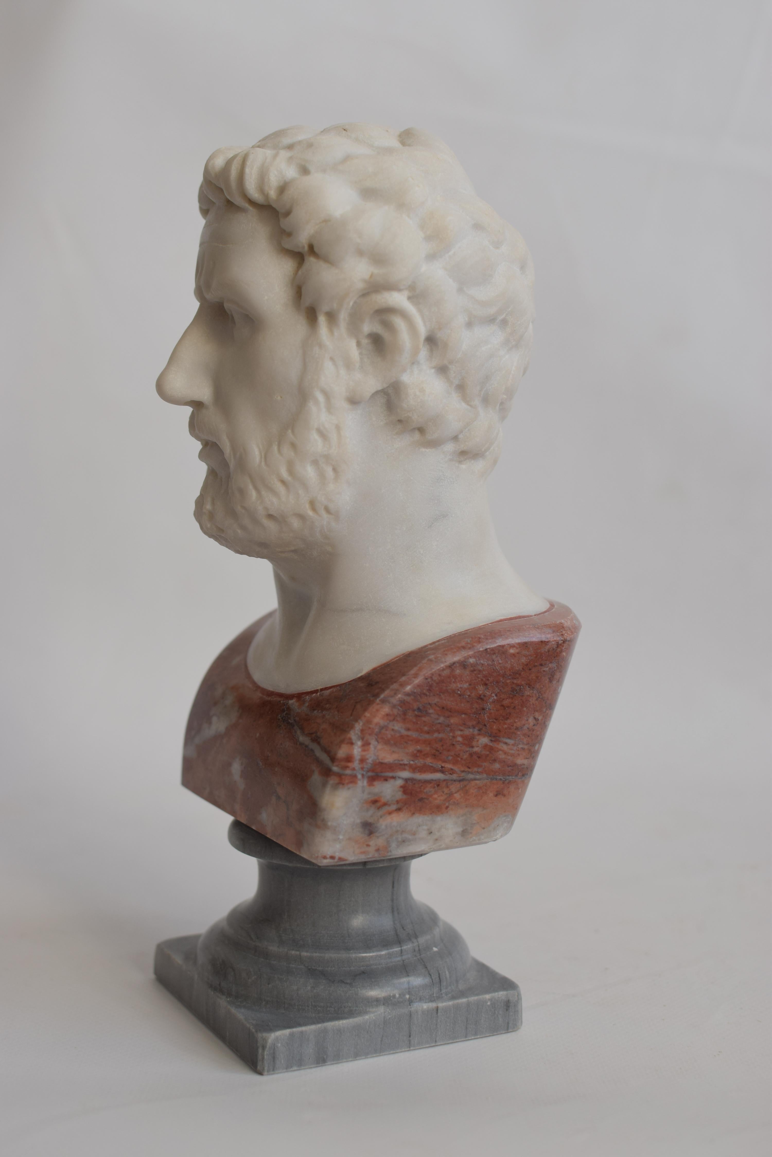 Herma Adriano auf weißem Carrara-Marmor gemeißelt, Büste rouge France bardiglio Basis (Klassisch-römisch) im Angebot