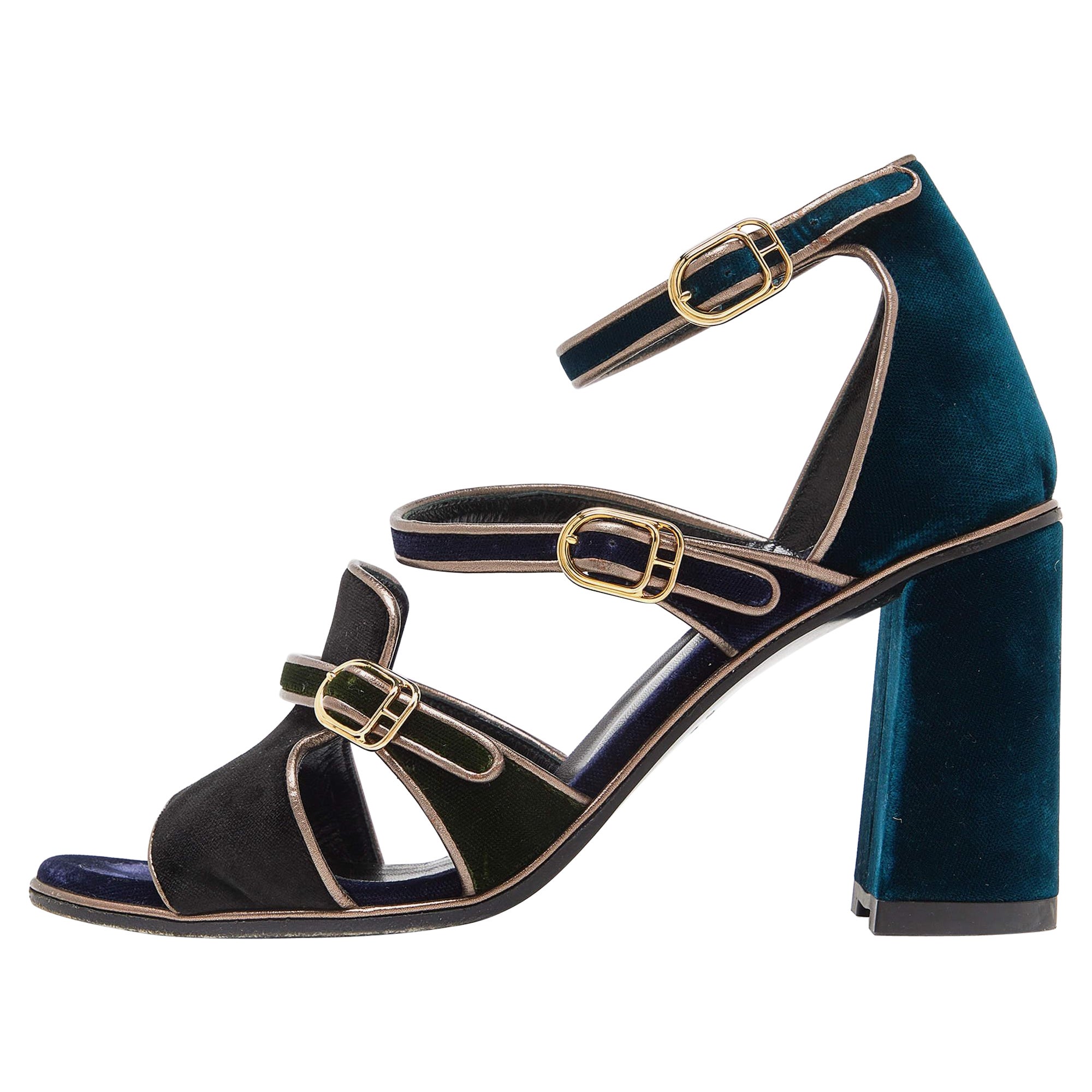 HermÃ¨s Multicolor Velvet Ankle Strap Block Heel Sandals Size 38.5