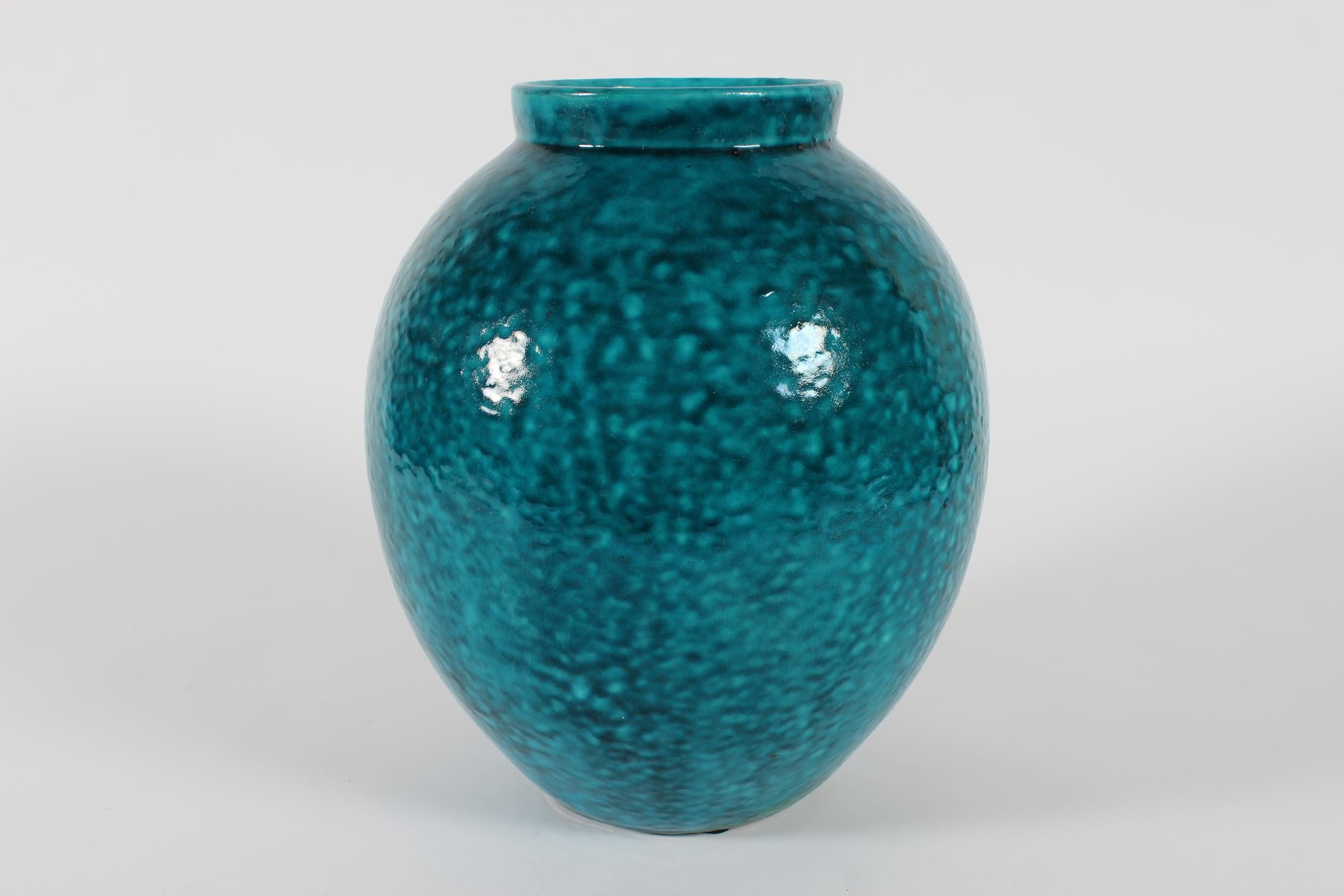 Scandinavian Modern Herman A. Kähler Art Deco Floor Vase Speckled Turquoise Glaze, HAK Denmark 1930 For Sale