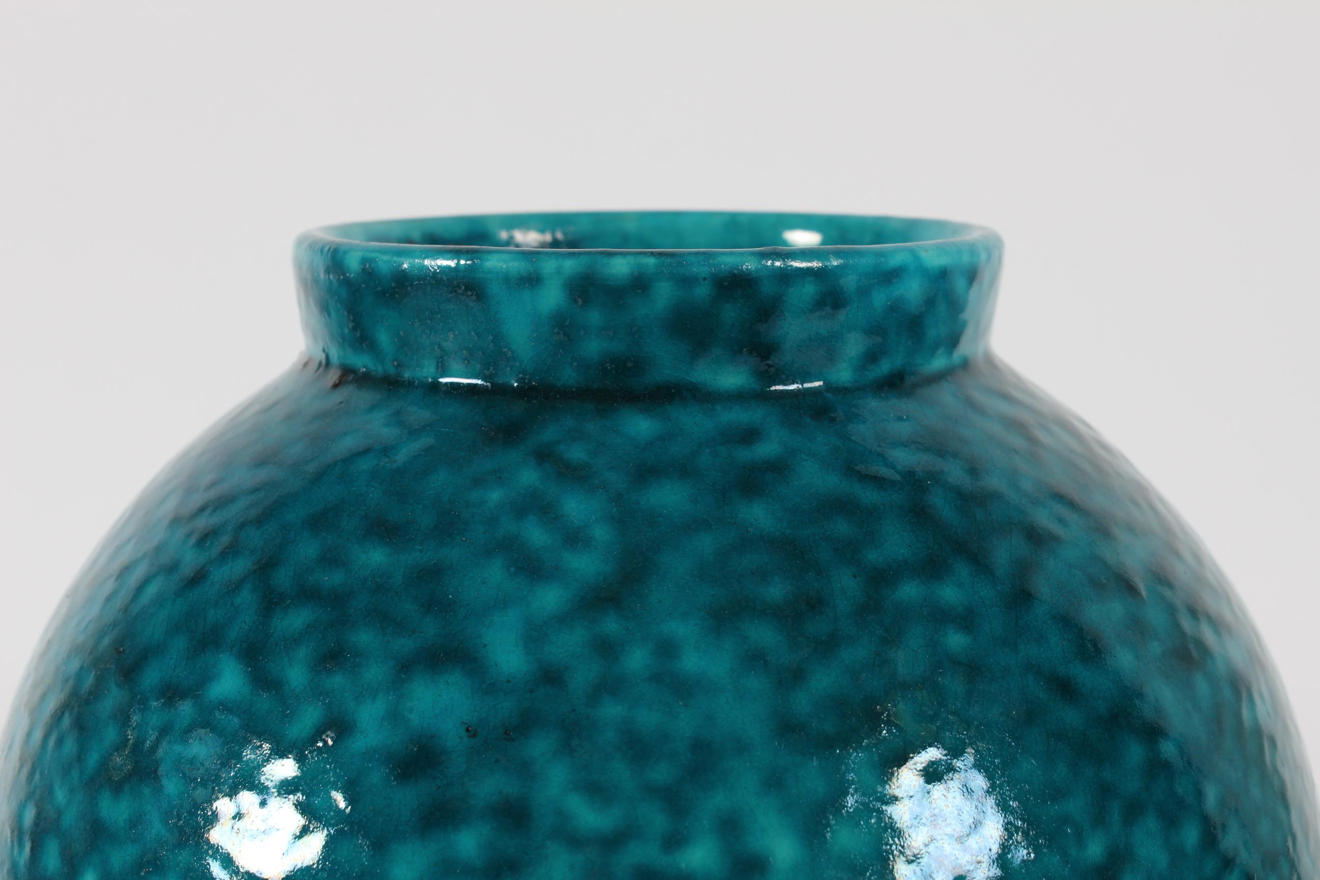 Danish Herman A. Kähler Art Deco Floor Vase Speckled Turquoise Glaze, HAK Denmark 1930 For Sale