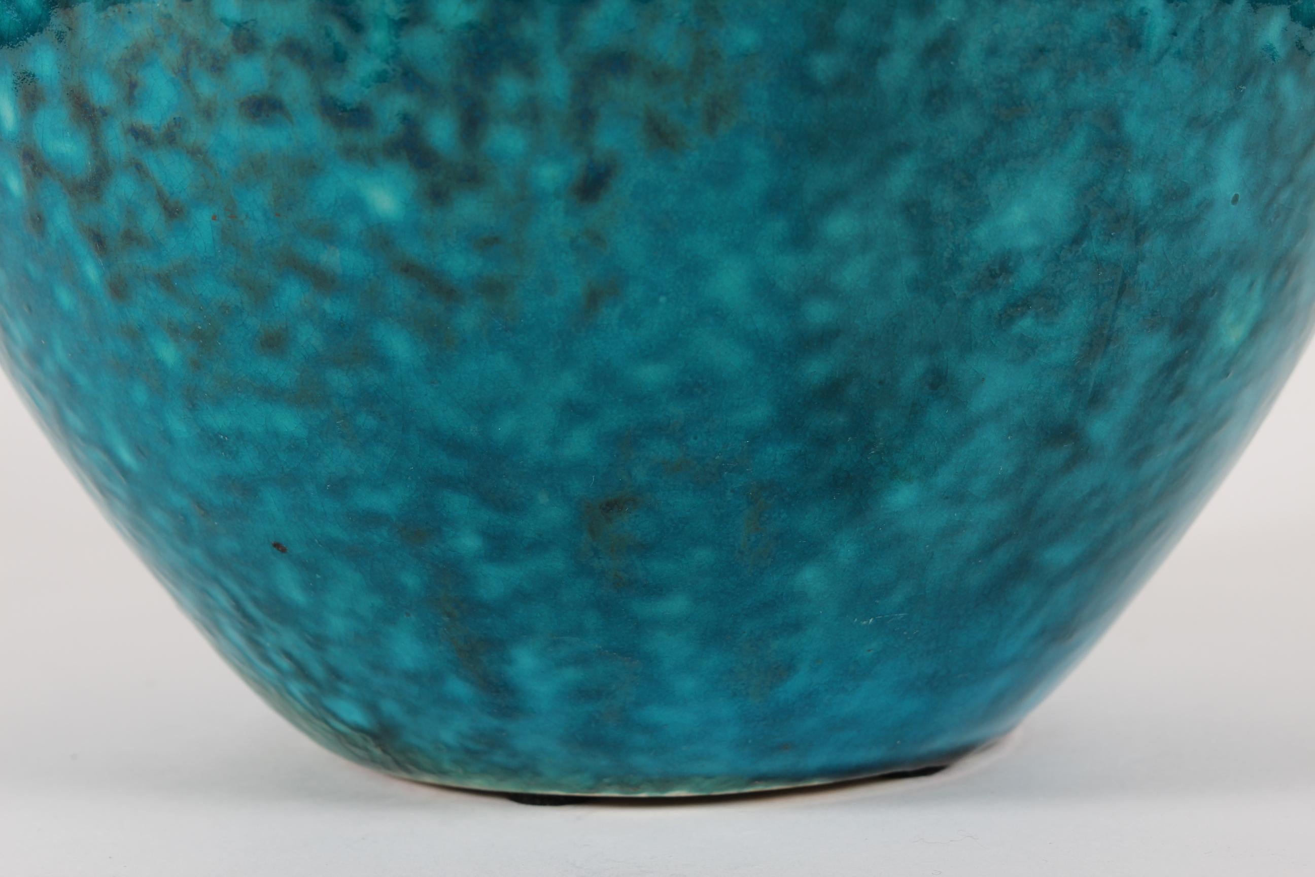 Herman A. Kähler Art Deco Floor Vase Speckled Turquoise Glaze, HAK Denmark 1930 In Good Condition For Sale In Aarhus C, DK