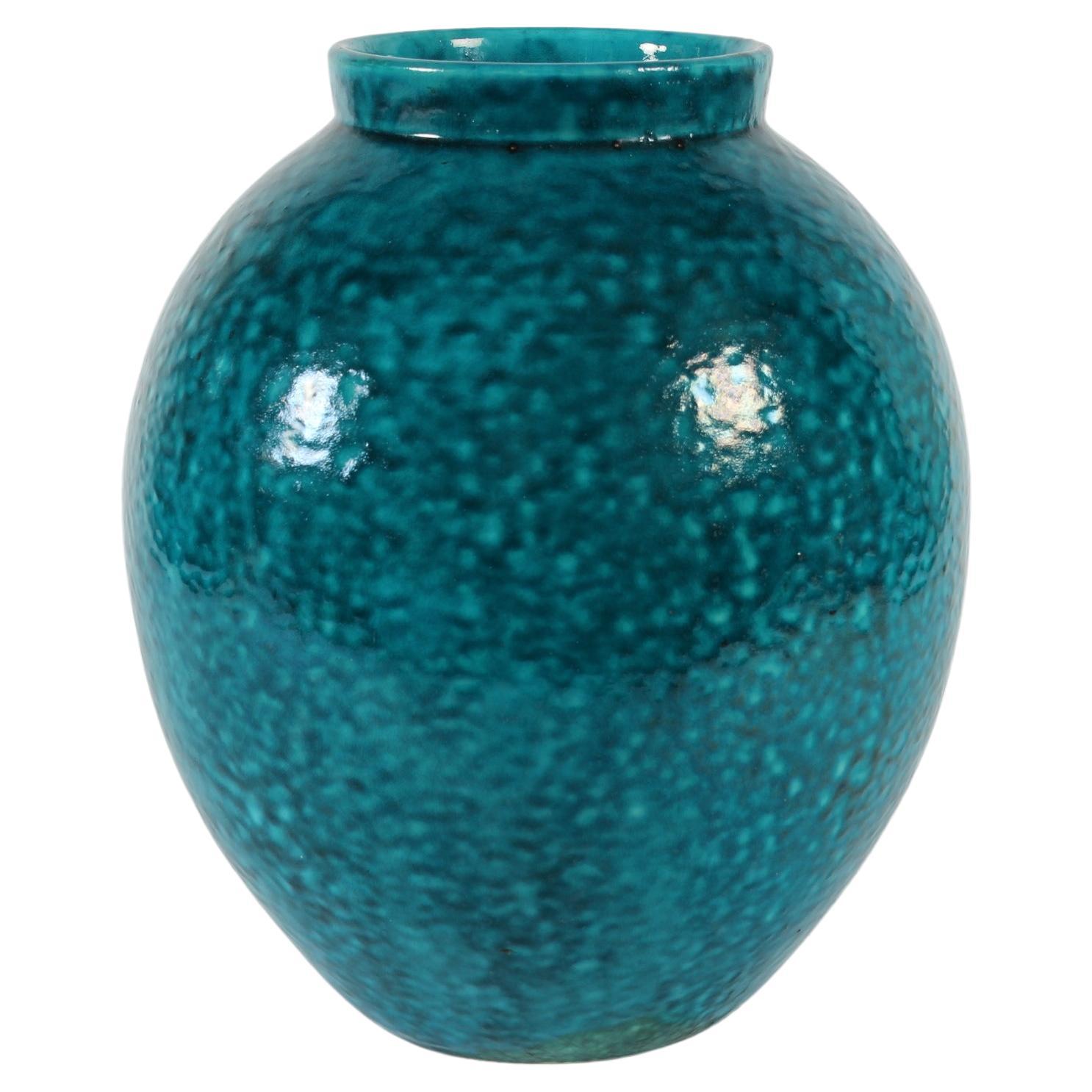 Herman A. Kähler Art Deco Floor Vase Speckled Turquoise Glaze, HAK Denmark 1930 For Sale