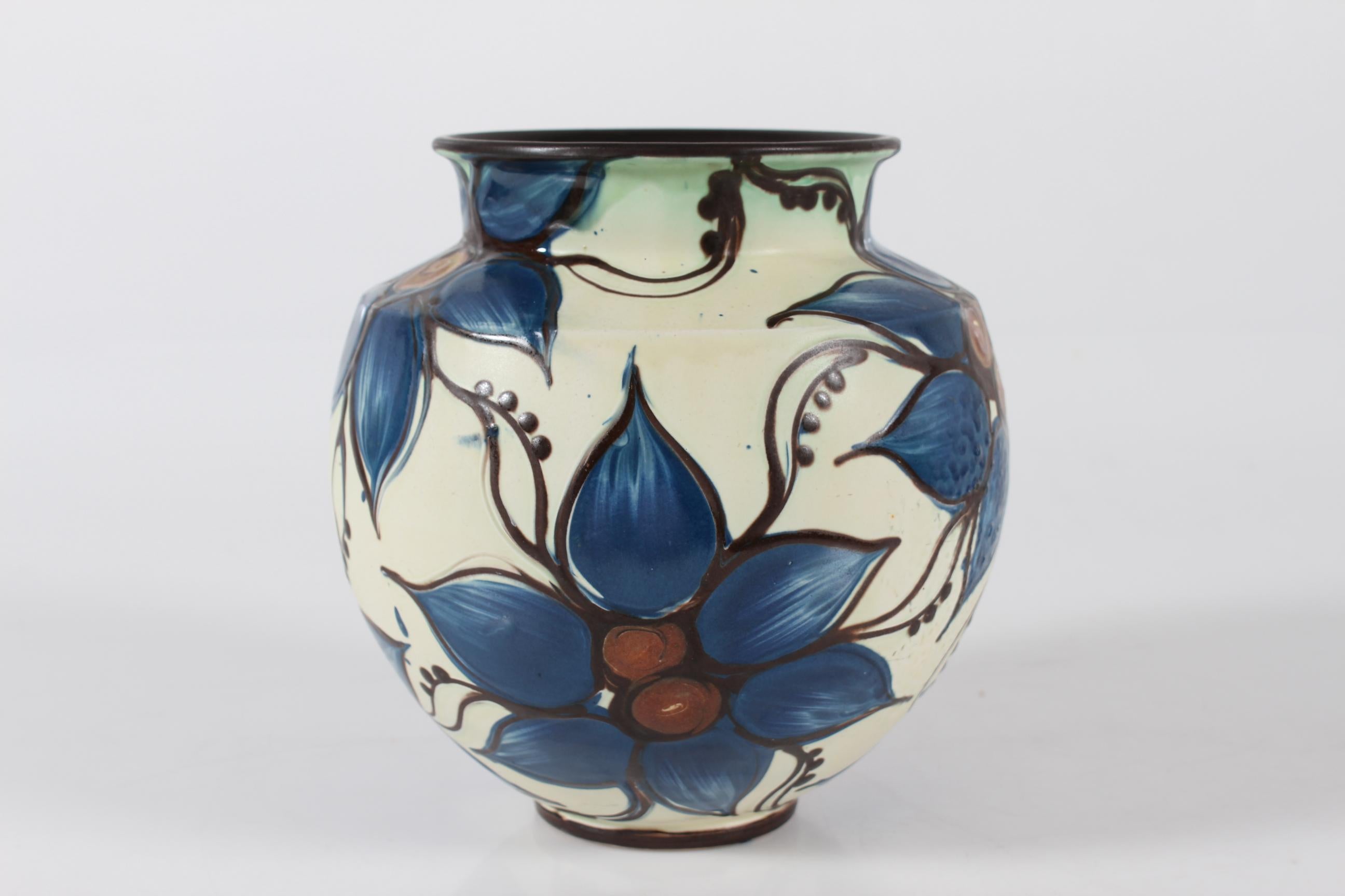 Danish Herman A Kähler Art Nouveau Vase with Floral Decoration attr. to Sofie Lundstein