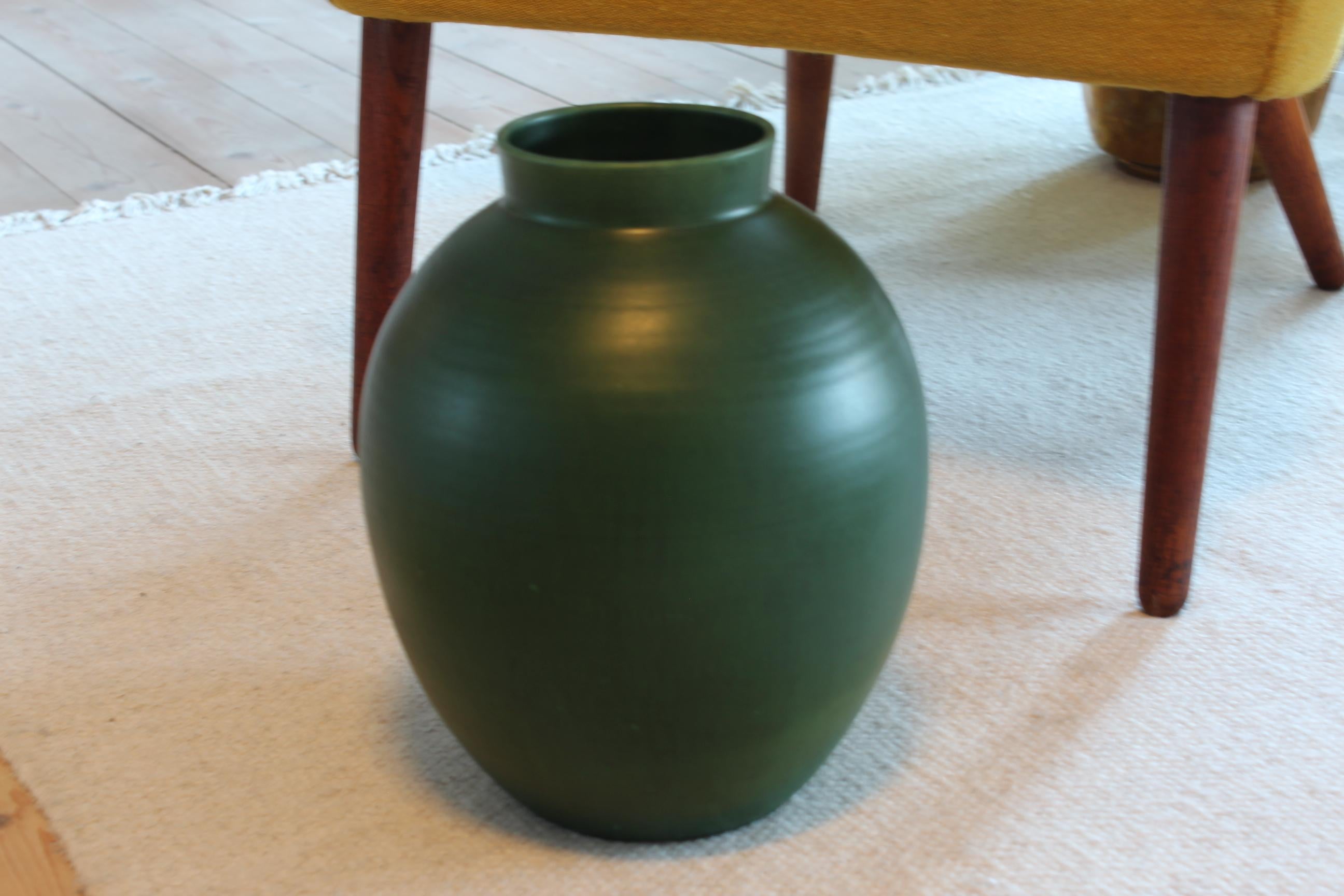 Herman A Kähler Large Art Deco Ceramic Vase with Matte Green Glaze 1930s 4
