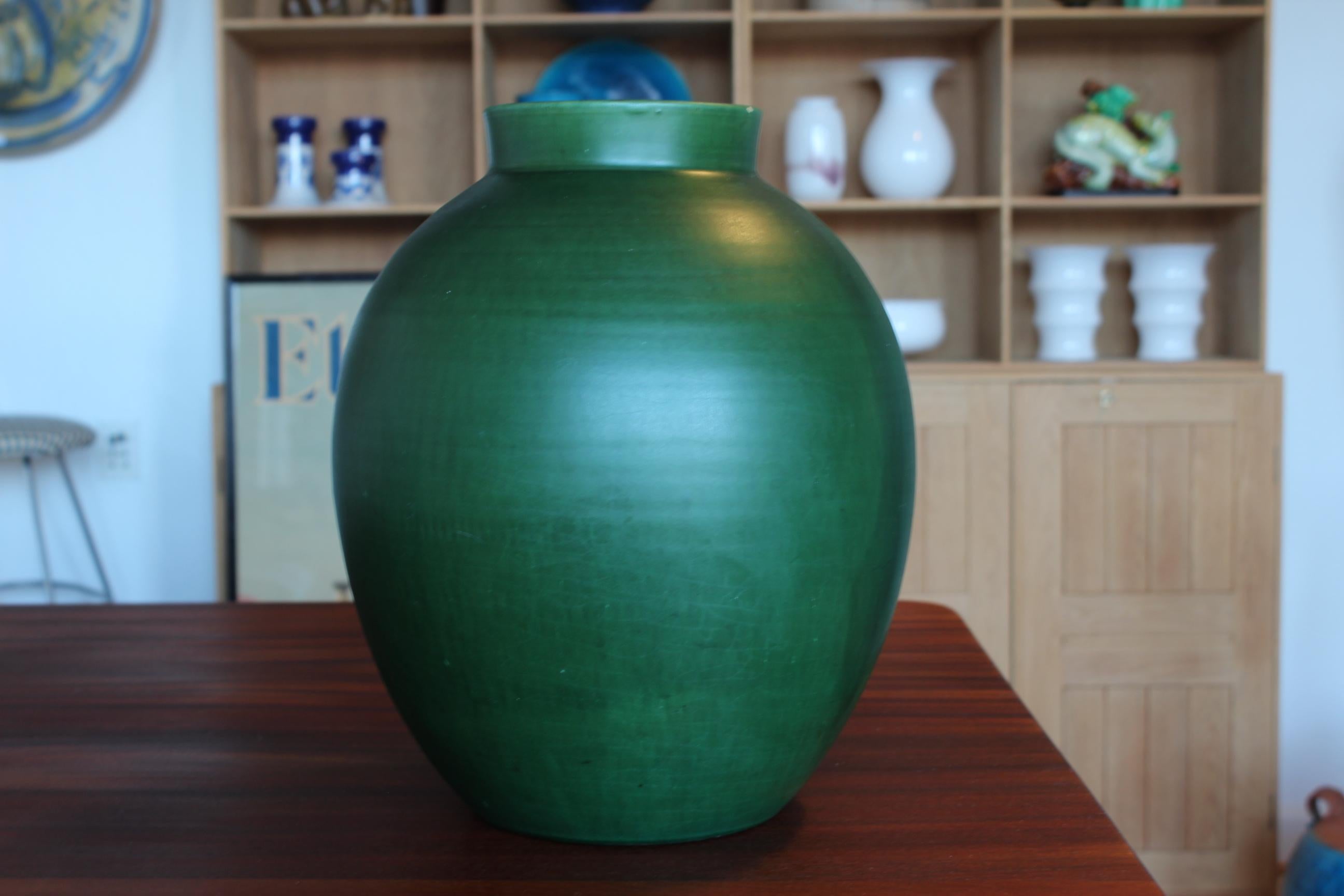 Herman A Kähler Large Art Deco Ceramic Vase with Matte Green Glaze 1930s 5