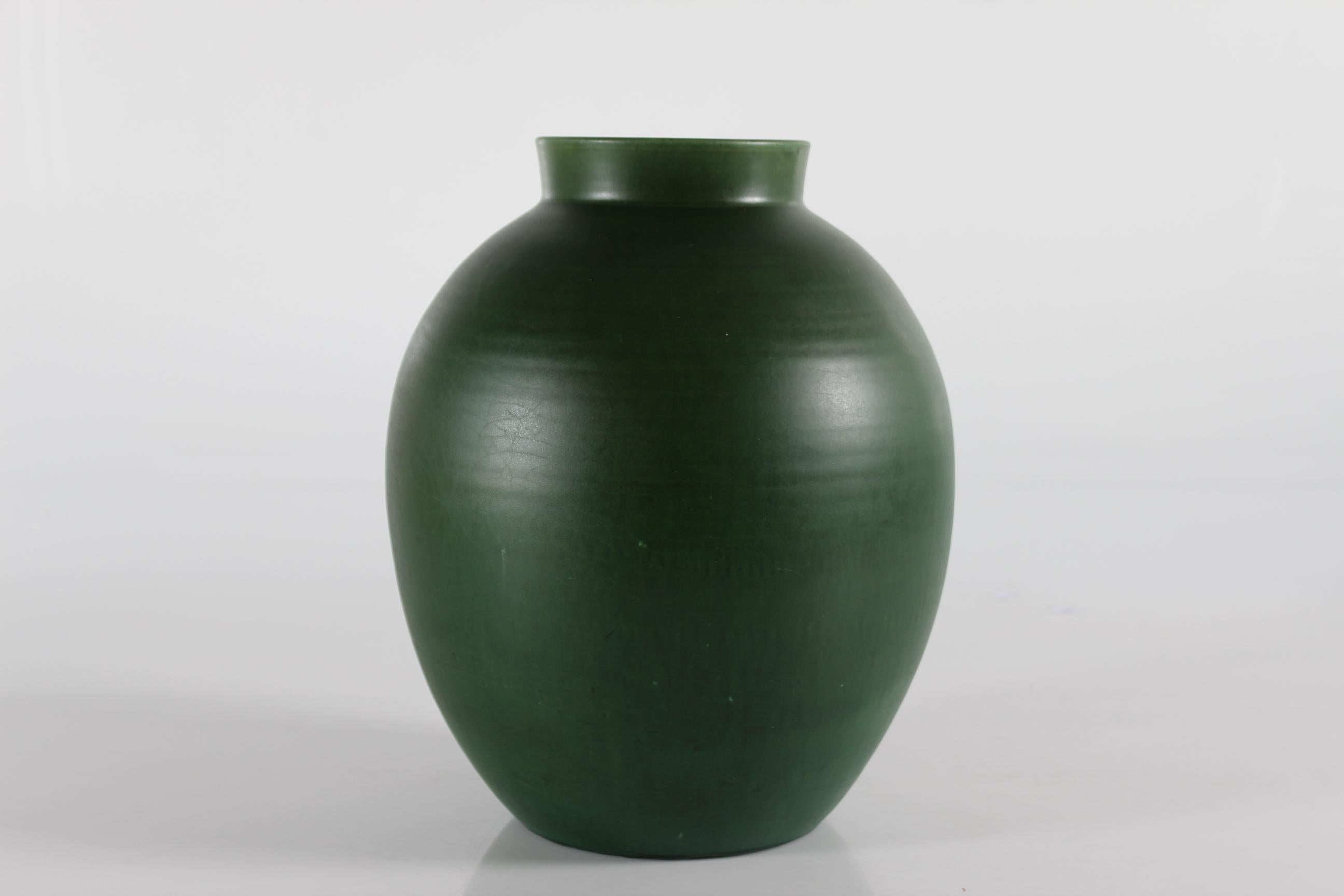 Herman A Kähler Large Art Deco Ceramic Vase with Matte Green Glaze 1930s 3