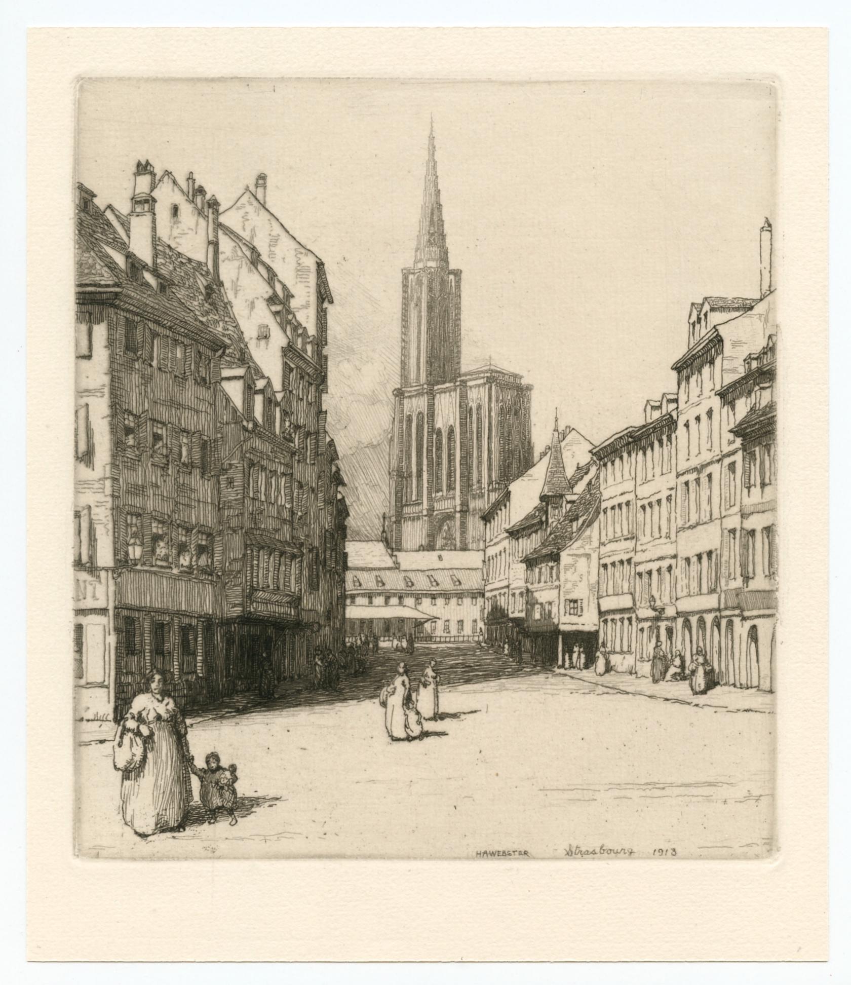 "La place de l'hopital a Strasbourg" original etching - Print by Herman Armour Webster